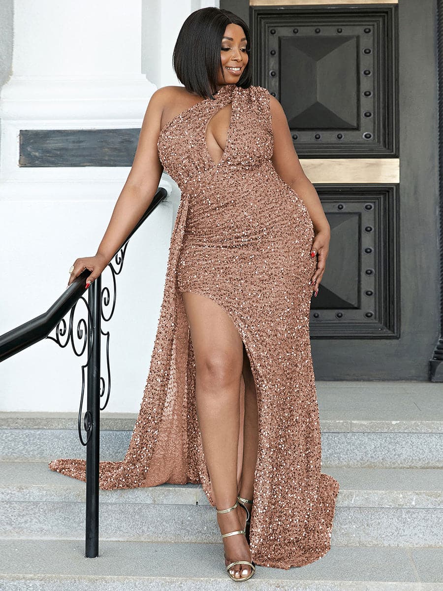 Plus Size Cutout Sequin Ribbon Prom Dress PXH1694