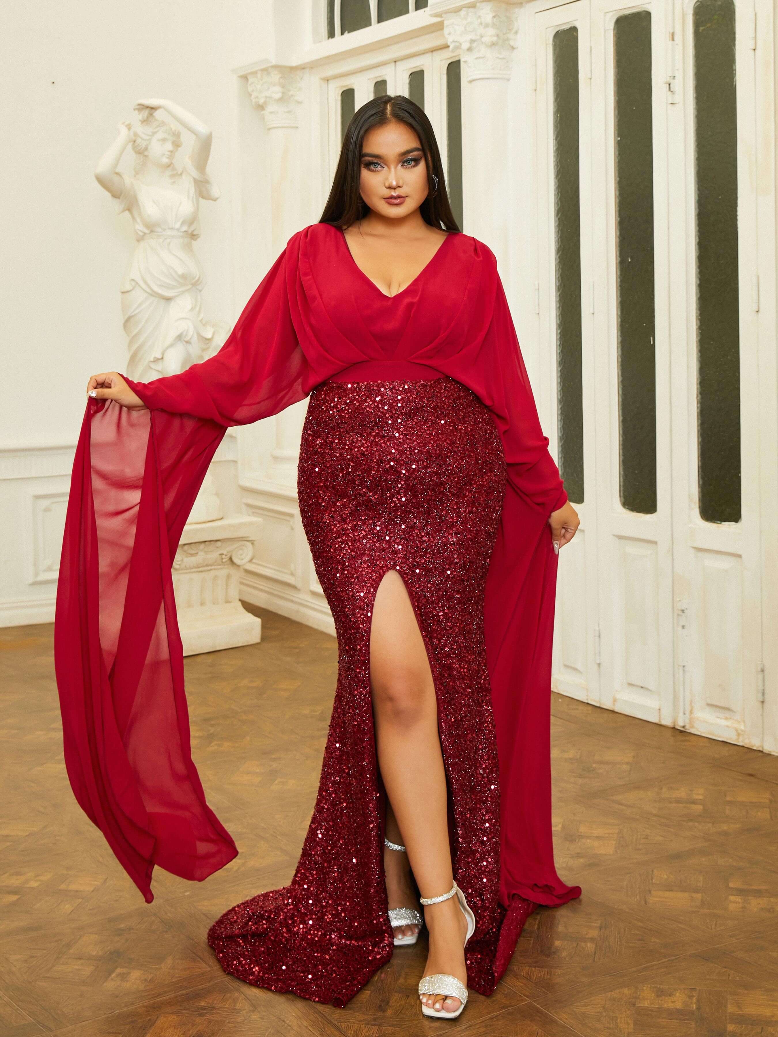 Plus Size Bell Sleeve V-neck High Split Prom Dress PRJ10618
