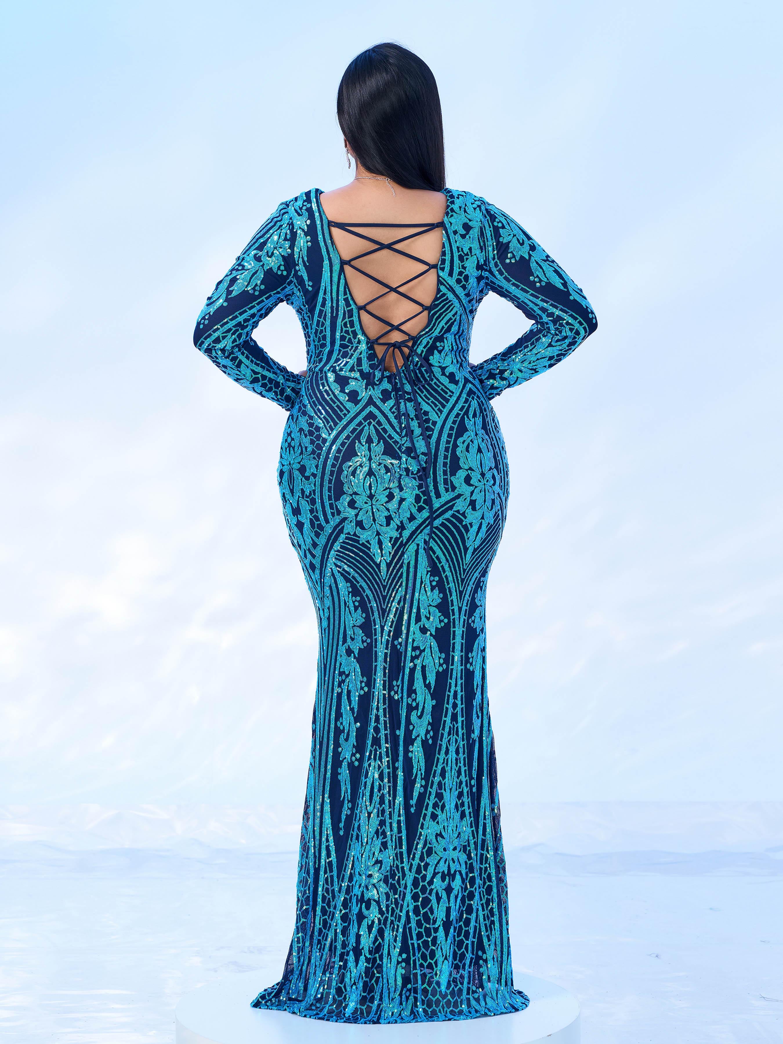 Plus Lace Back Sequin Formal Dress PRJ11849