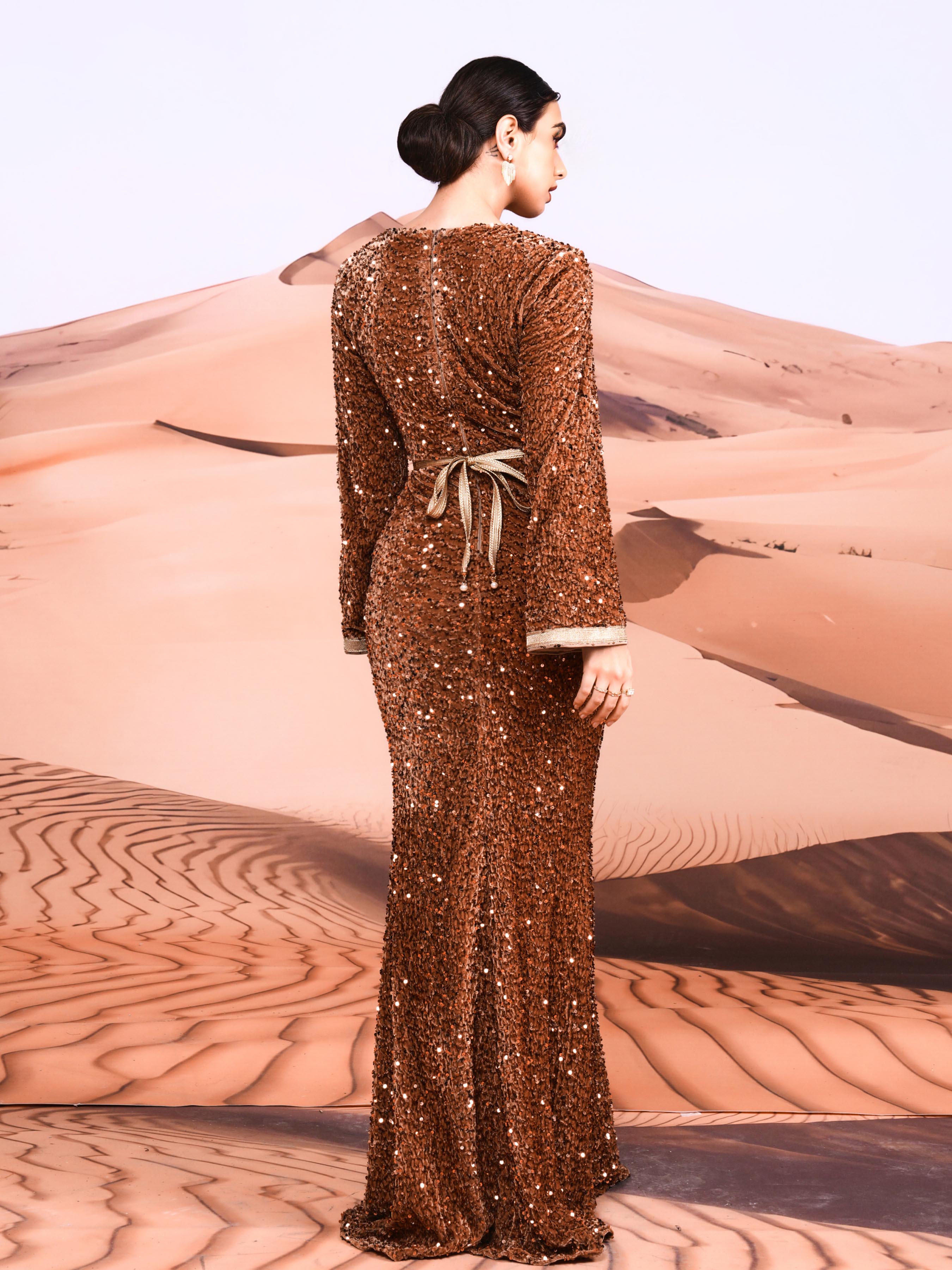 V-neck Belt Long Sleeve Sequin Dress MES00389