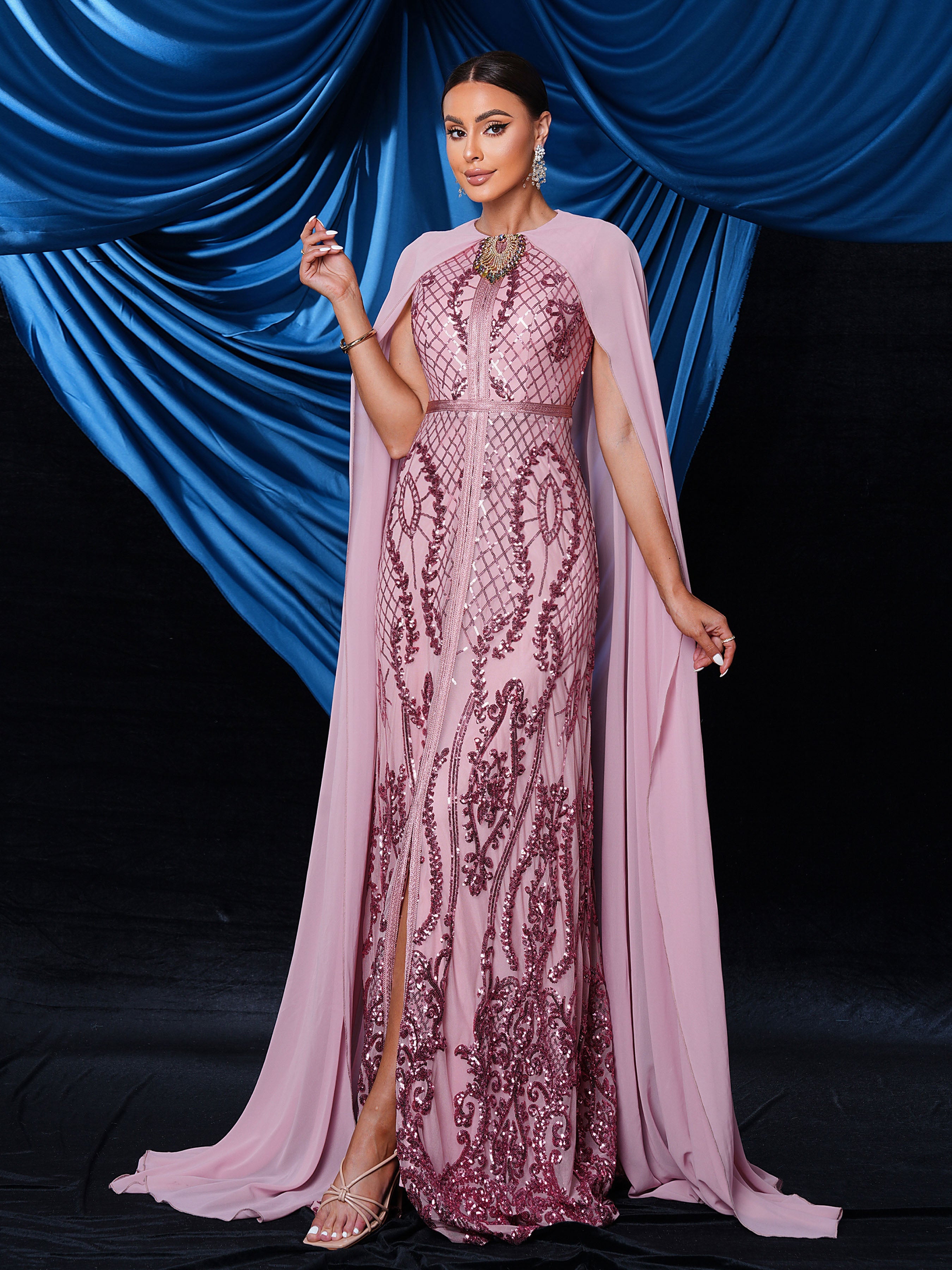 Metallic Embellished Collar Cape Sleeve Dress MES72011