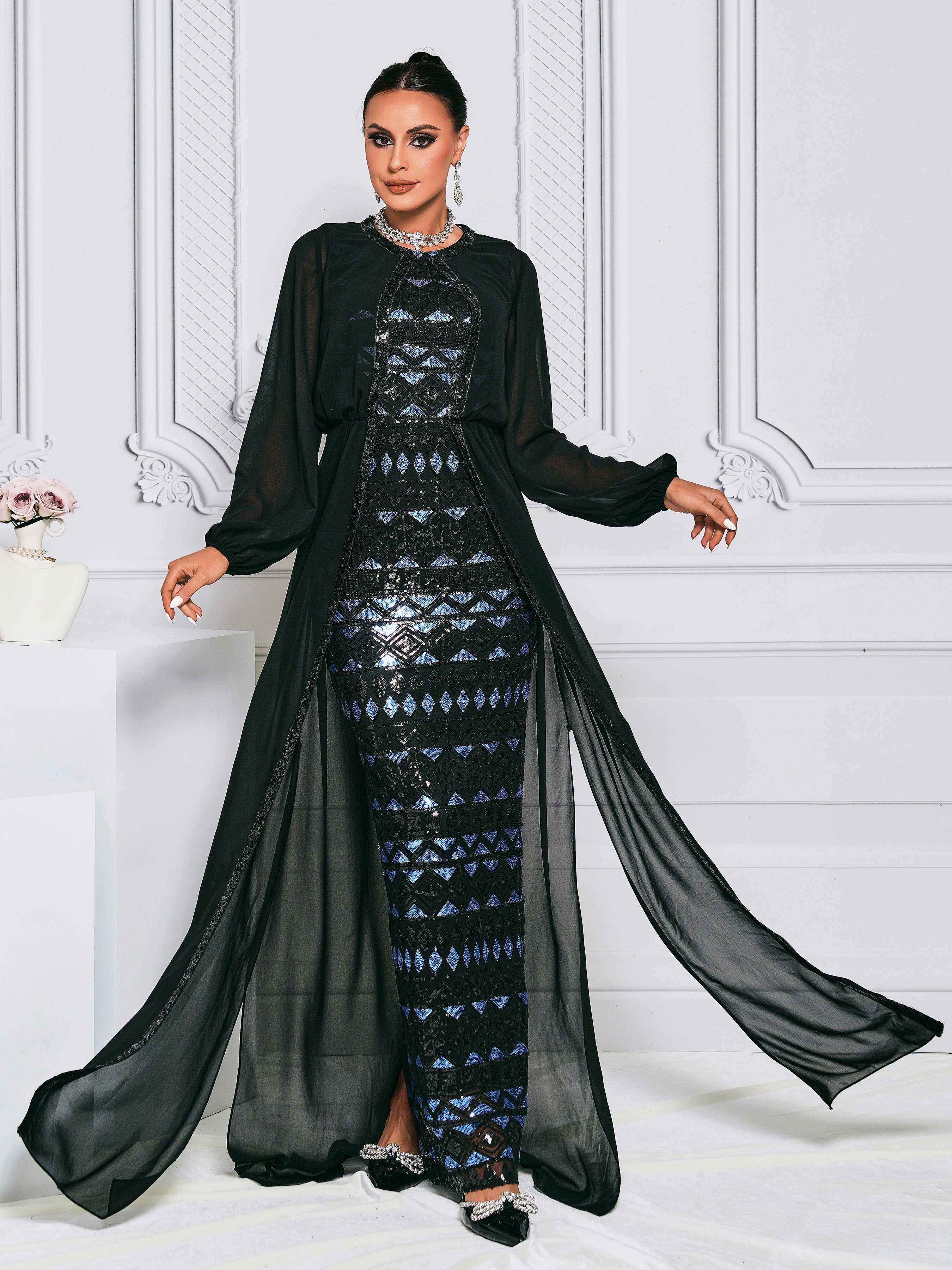 Puff Sleeve Panel Geometric Sequin Dress RJ10532