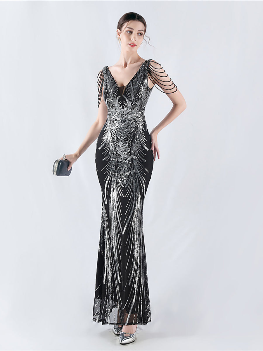 Sequin Beads Chain Cape Prom Dress MCW1142