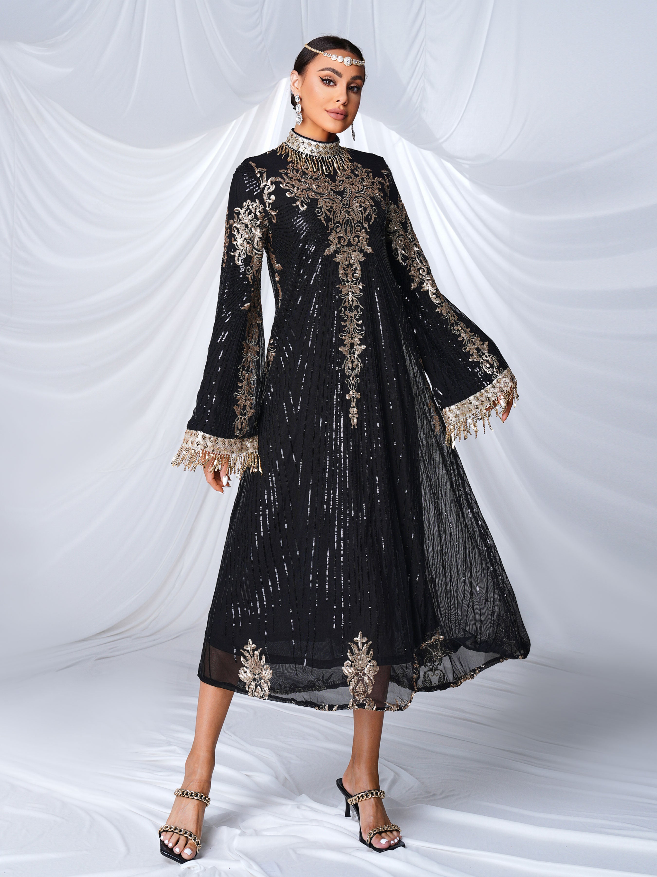 Stand Collar Bell Sleeve Sequin Dress MES00344