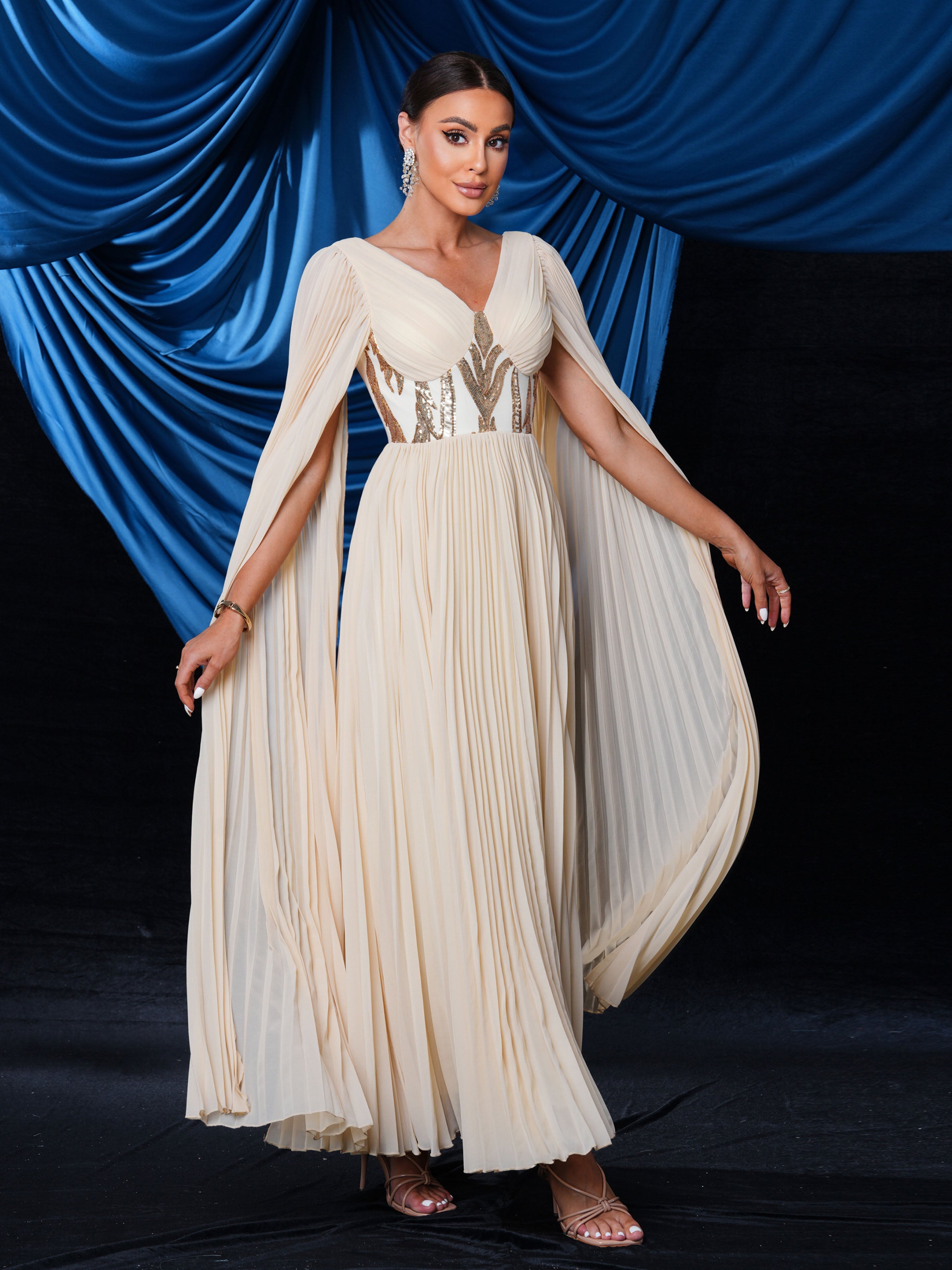 V-neck Cape Sleeve Pleated Tullle Dress MES00563