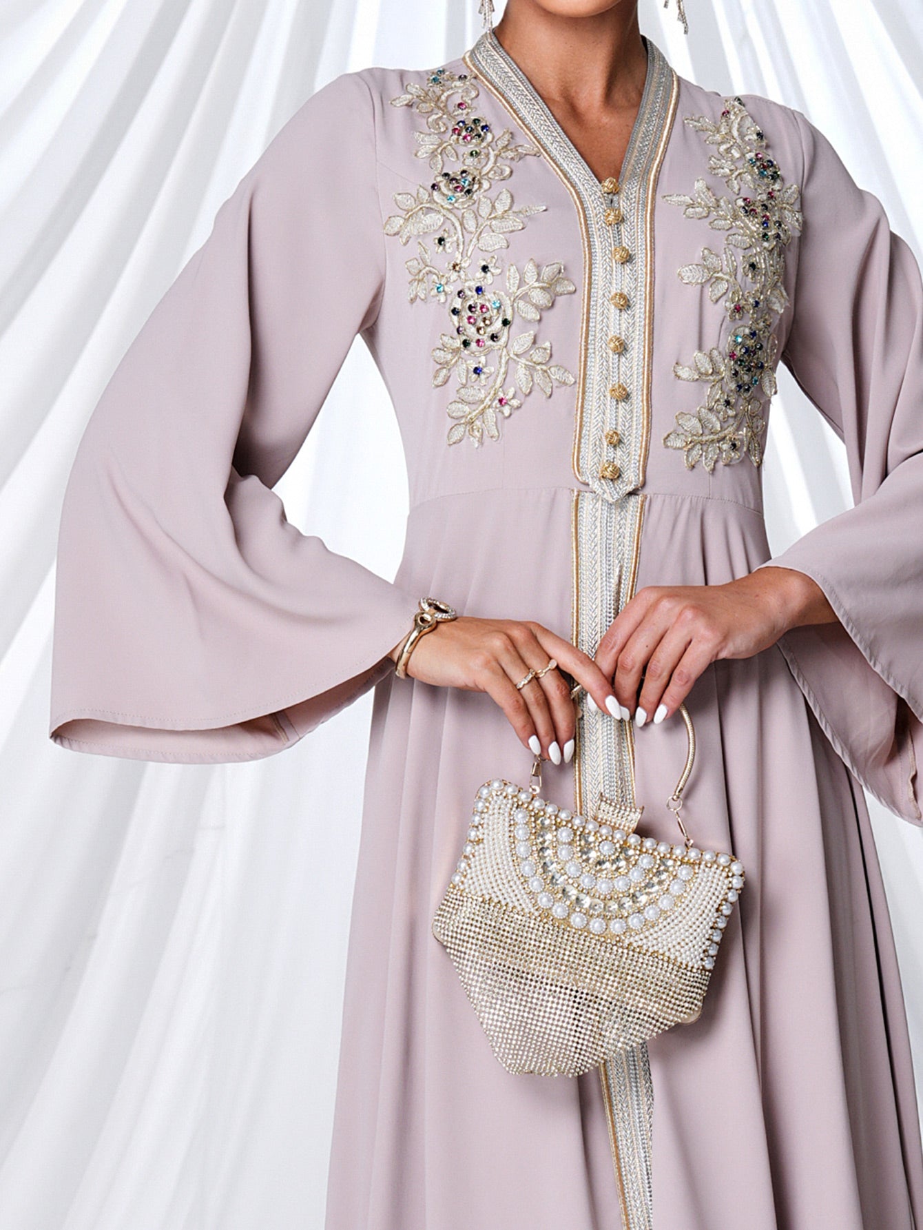 V-neck Flower Embroidery A-line Maxi Dress MES00424