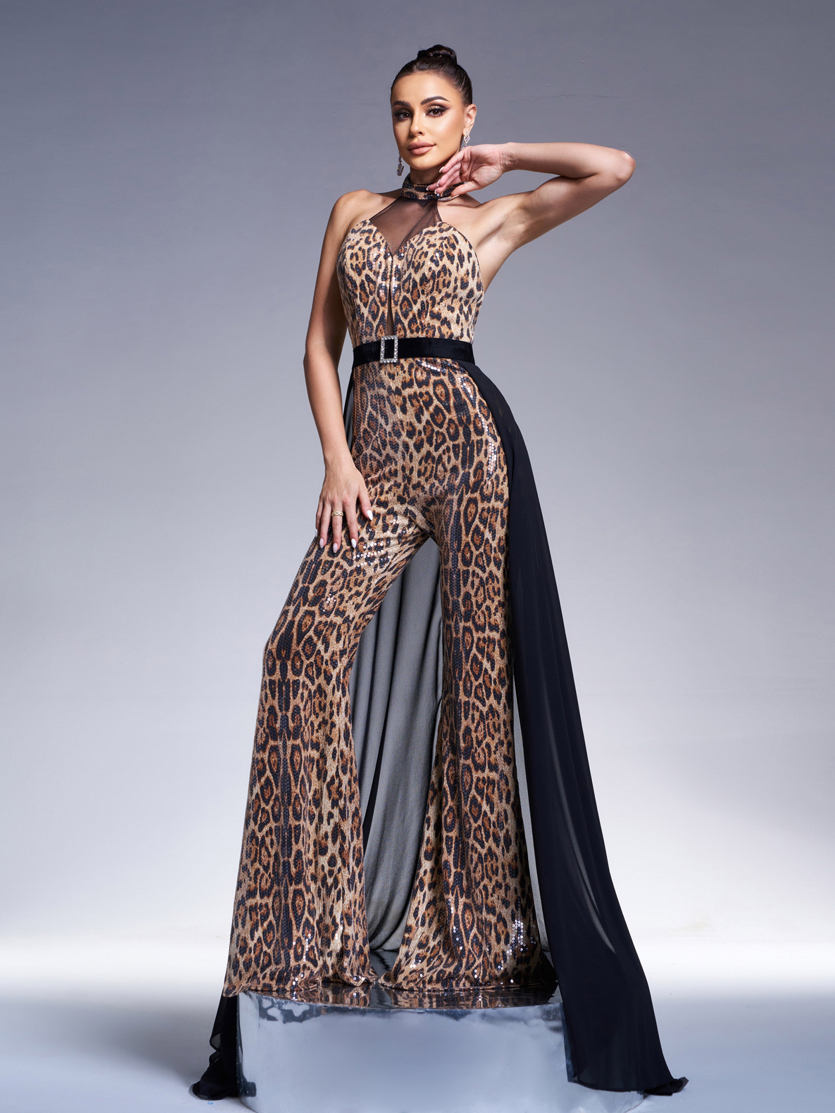 Backless Mesh Cape Leopard Jumpsuits DH80220