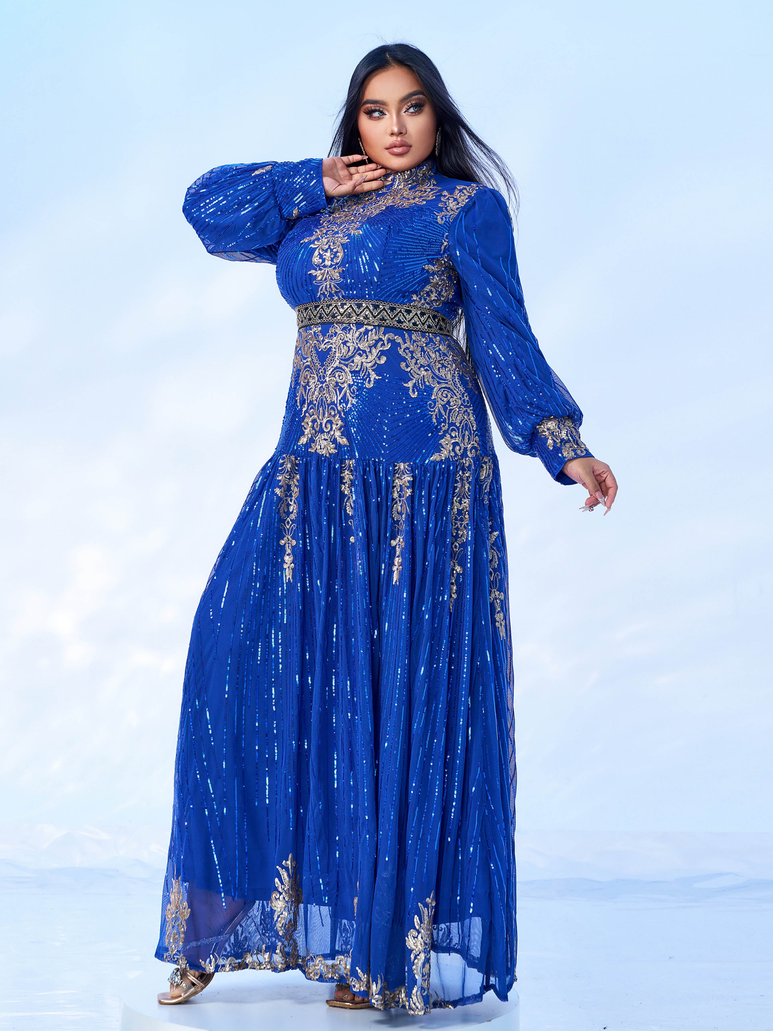 Plus Stand Collar Sequin A-line Dress PMES00341