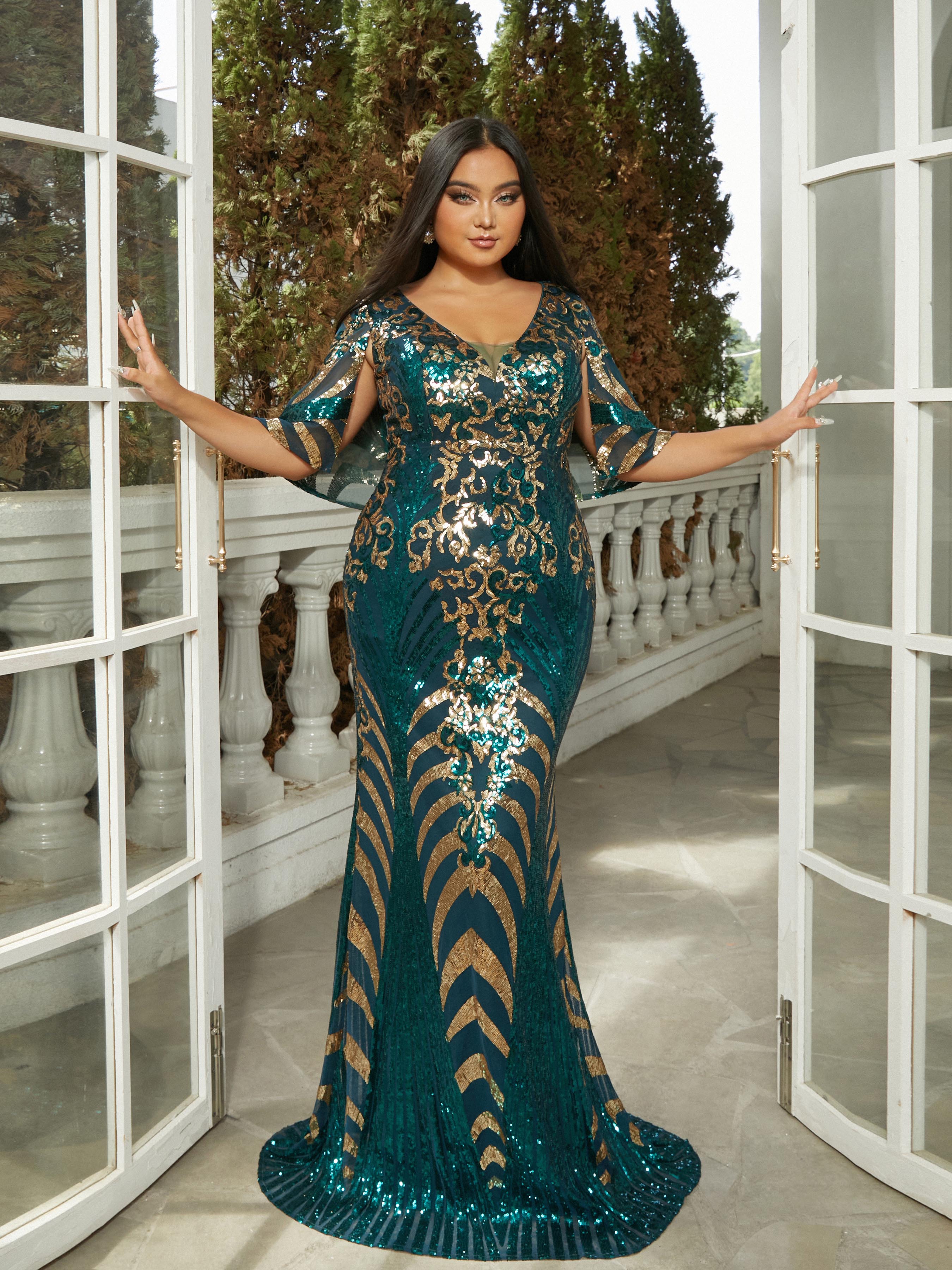 Plus V-neck Mermaid Sequin Green Dress PRH30738