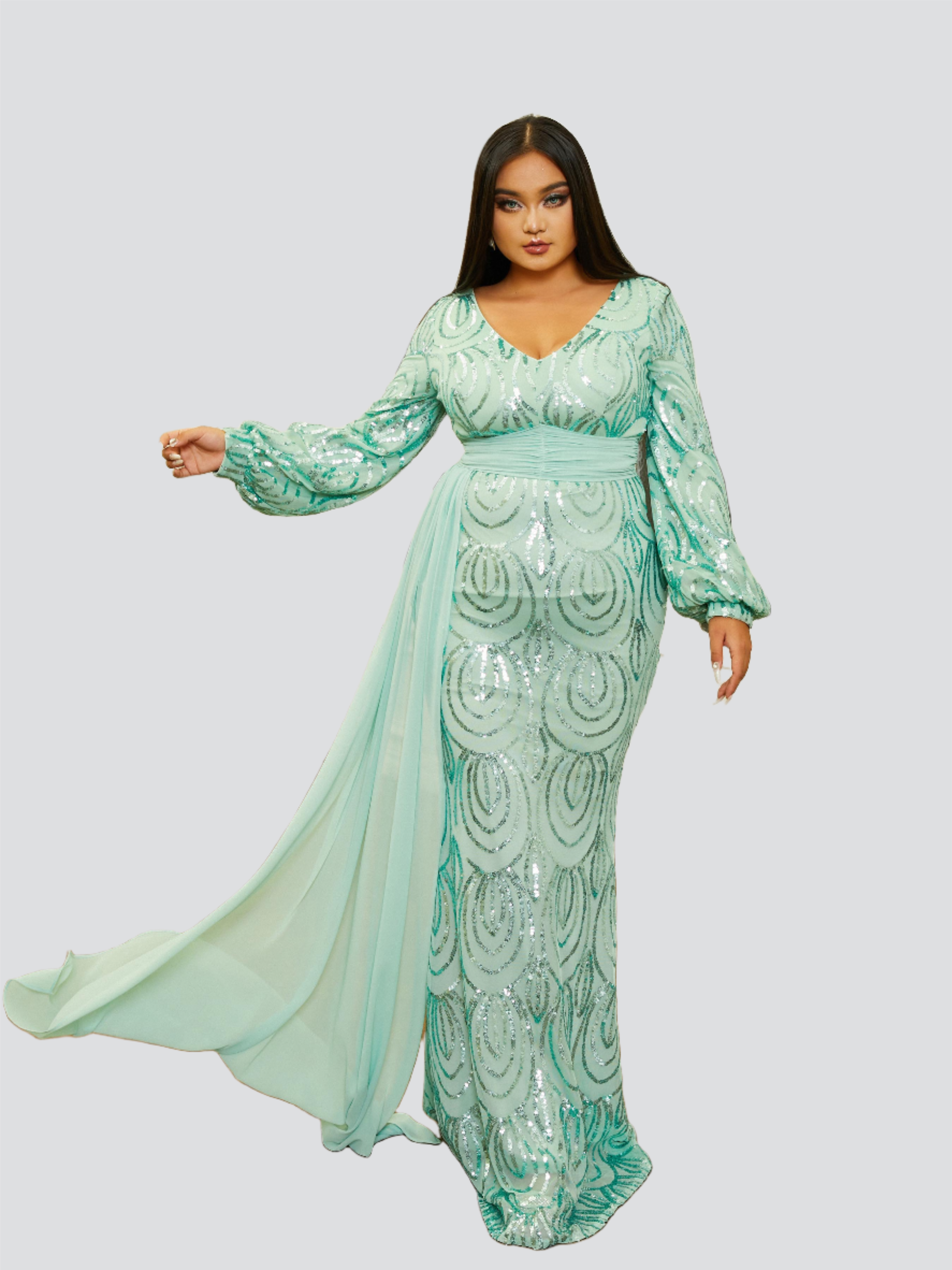 Plus V-Neck Long Sleeve Prom Dress PXJ1524