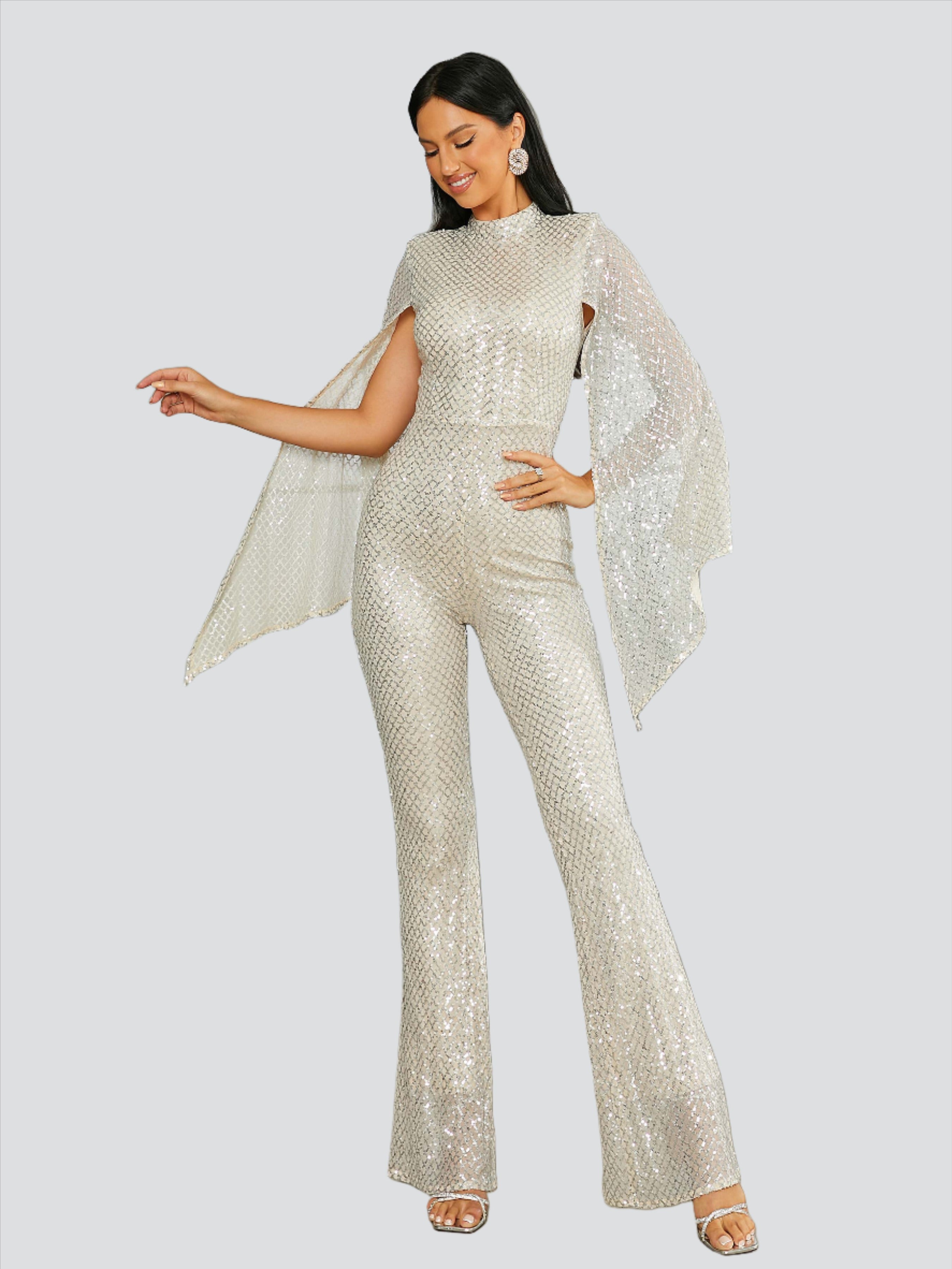 Stand Collar Cape Sleeve Sequin Jumpsuits RH30599