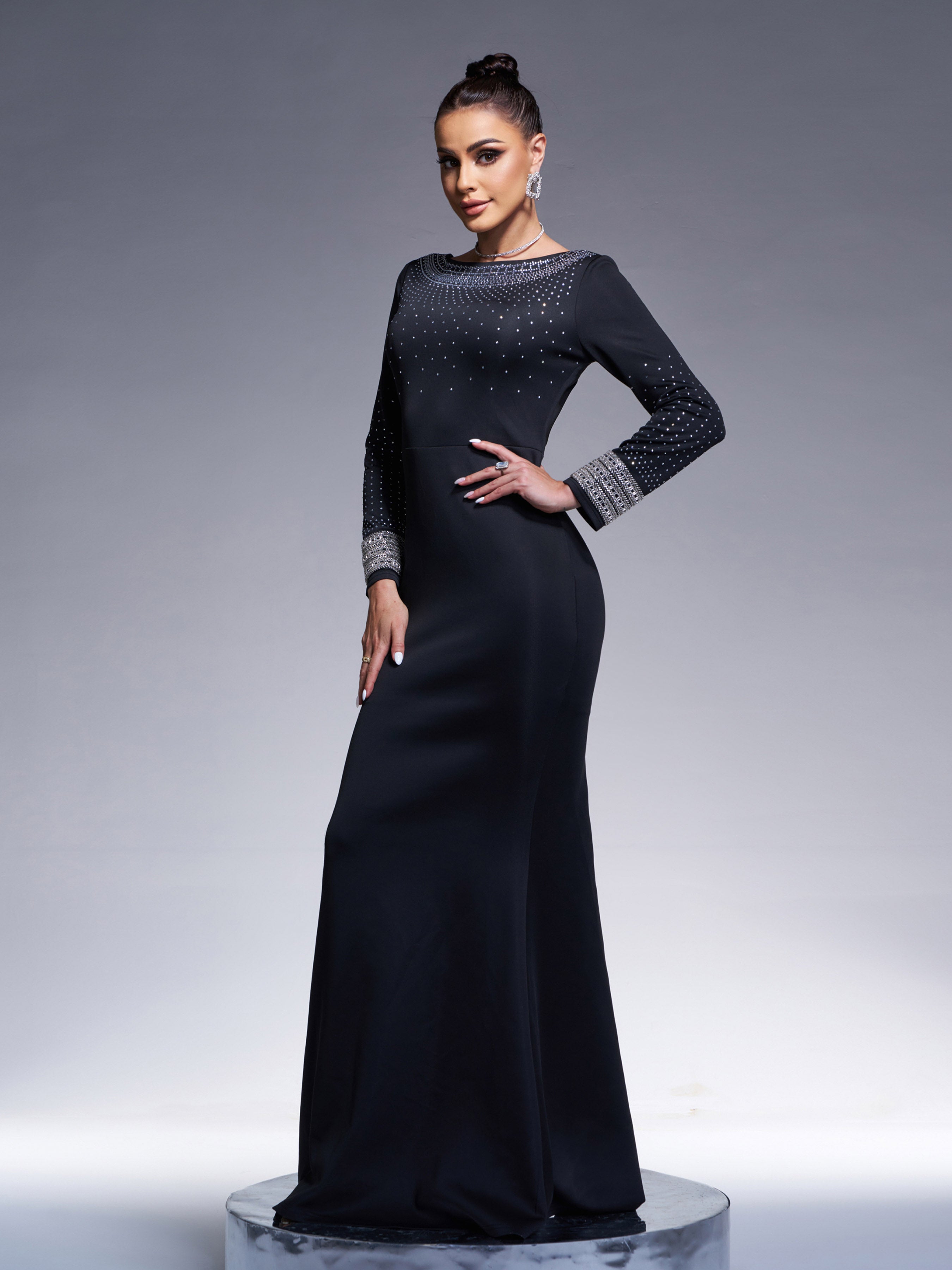 Elegant Black Long Sleeve Backless Prom Dress RJ12013
