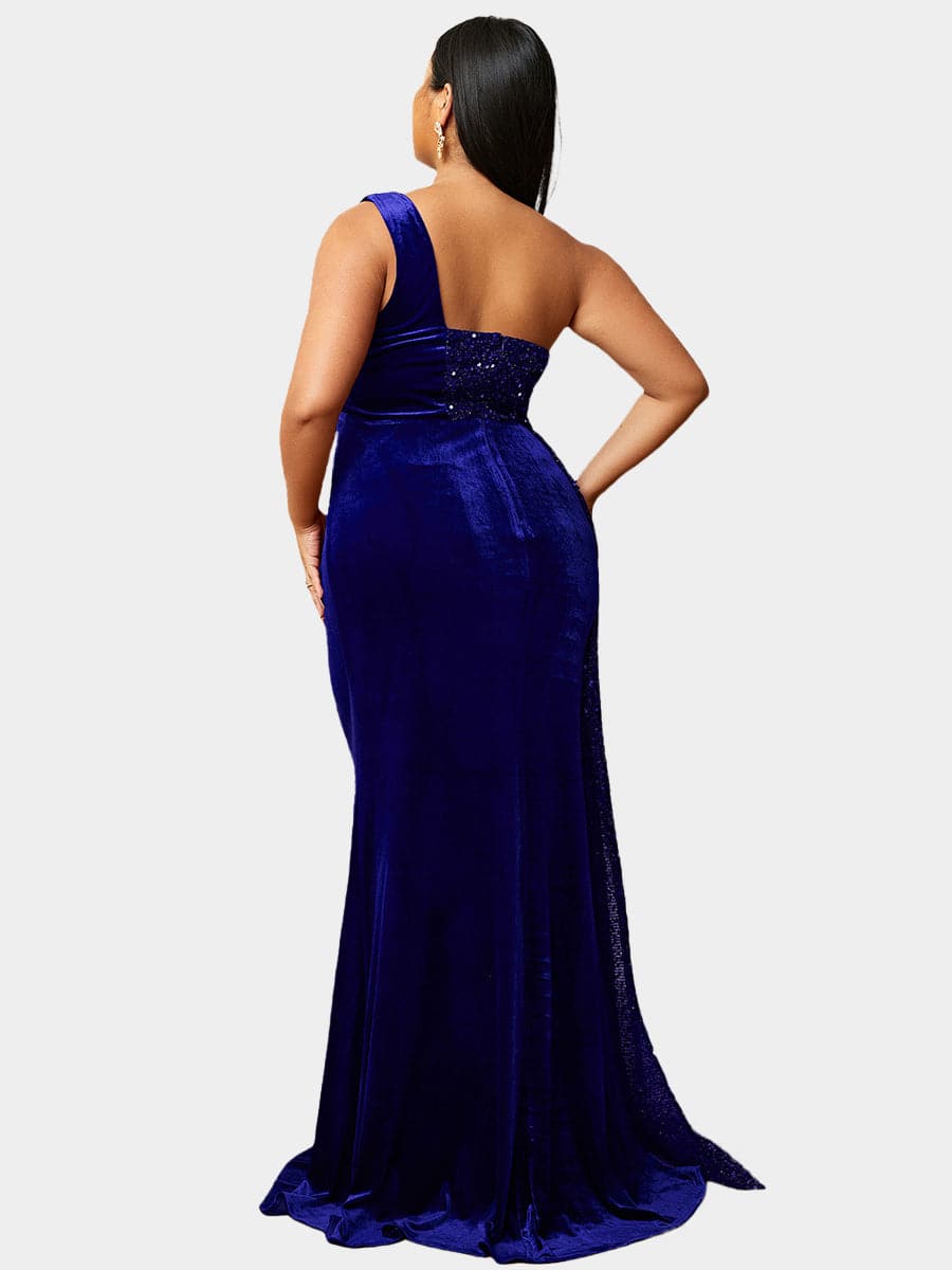 Plus Size One Shoulder Draped Sequin Burgundy Prom Dress PXH2356