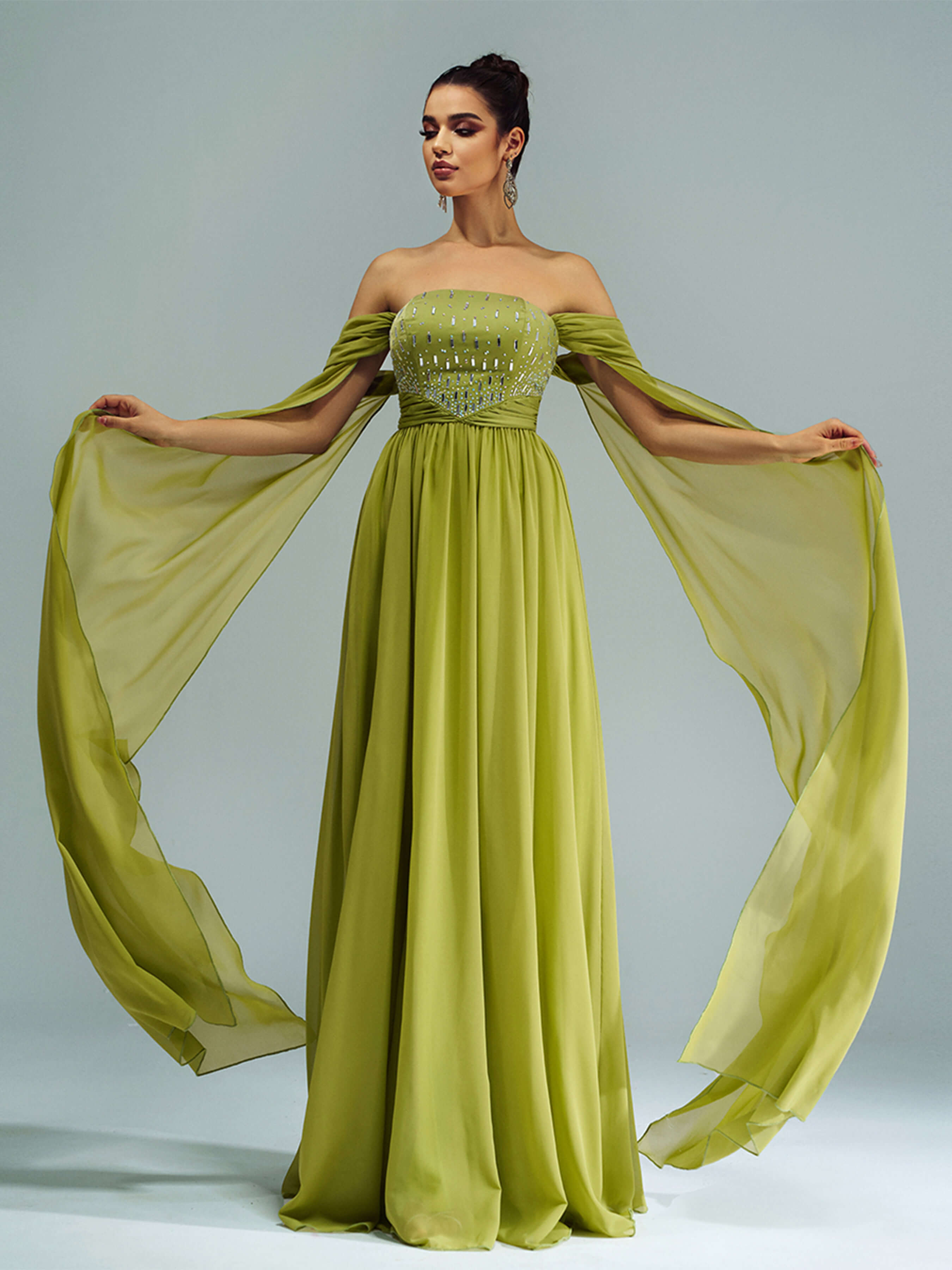 Green Chiffon Rhinestone Off Shoulder Prom Dress RX70147