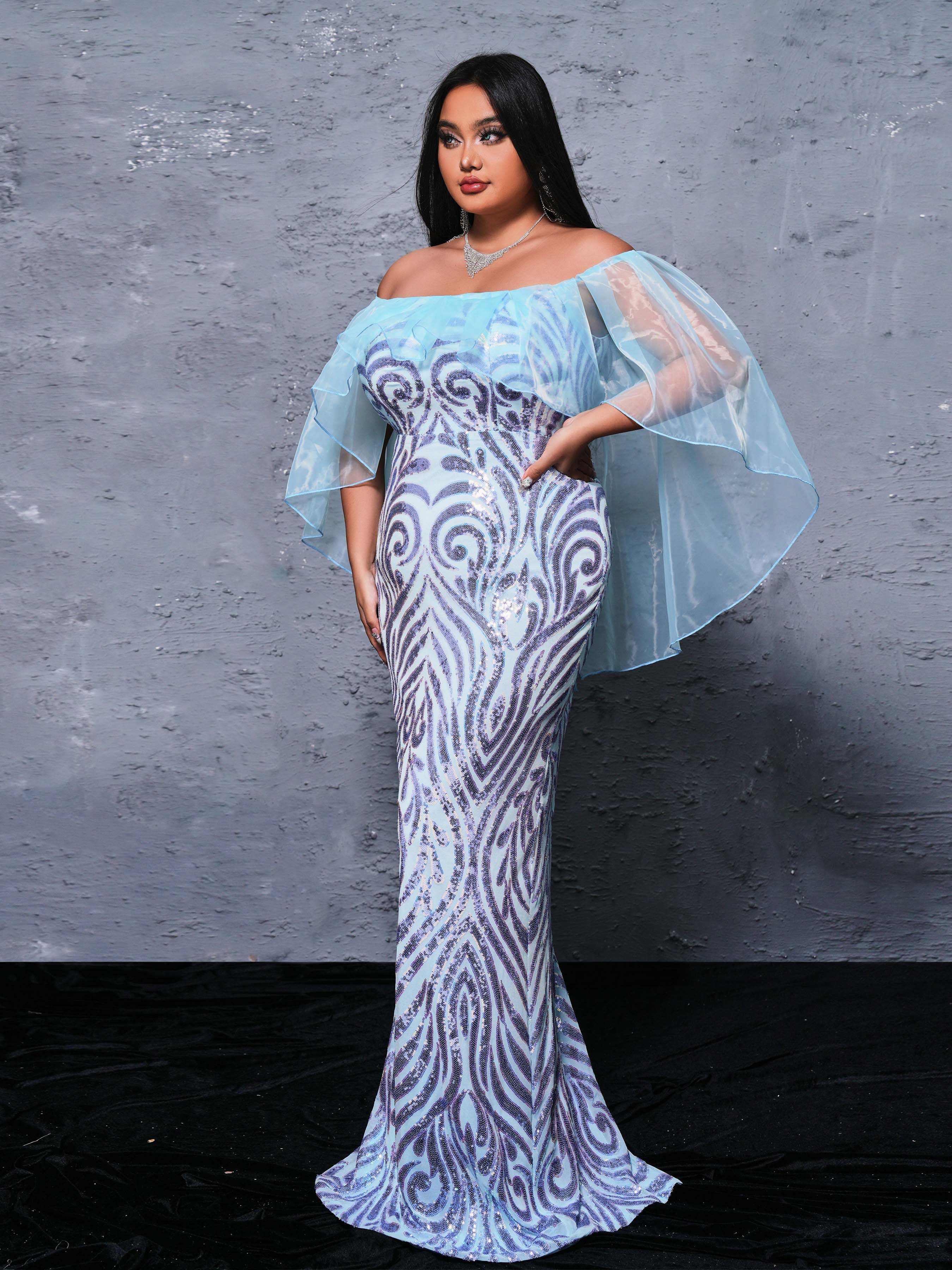 Plus Off Shoulder Panel Sequin Dress PRX70031