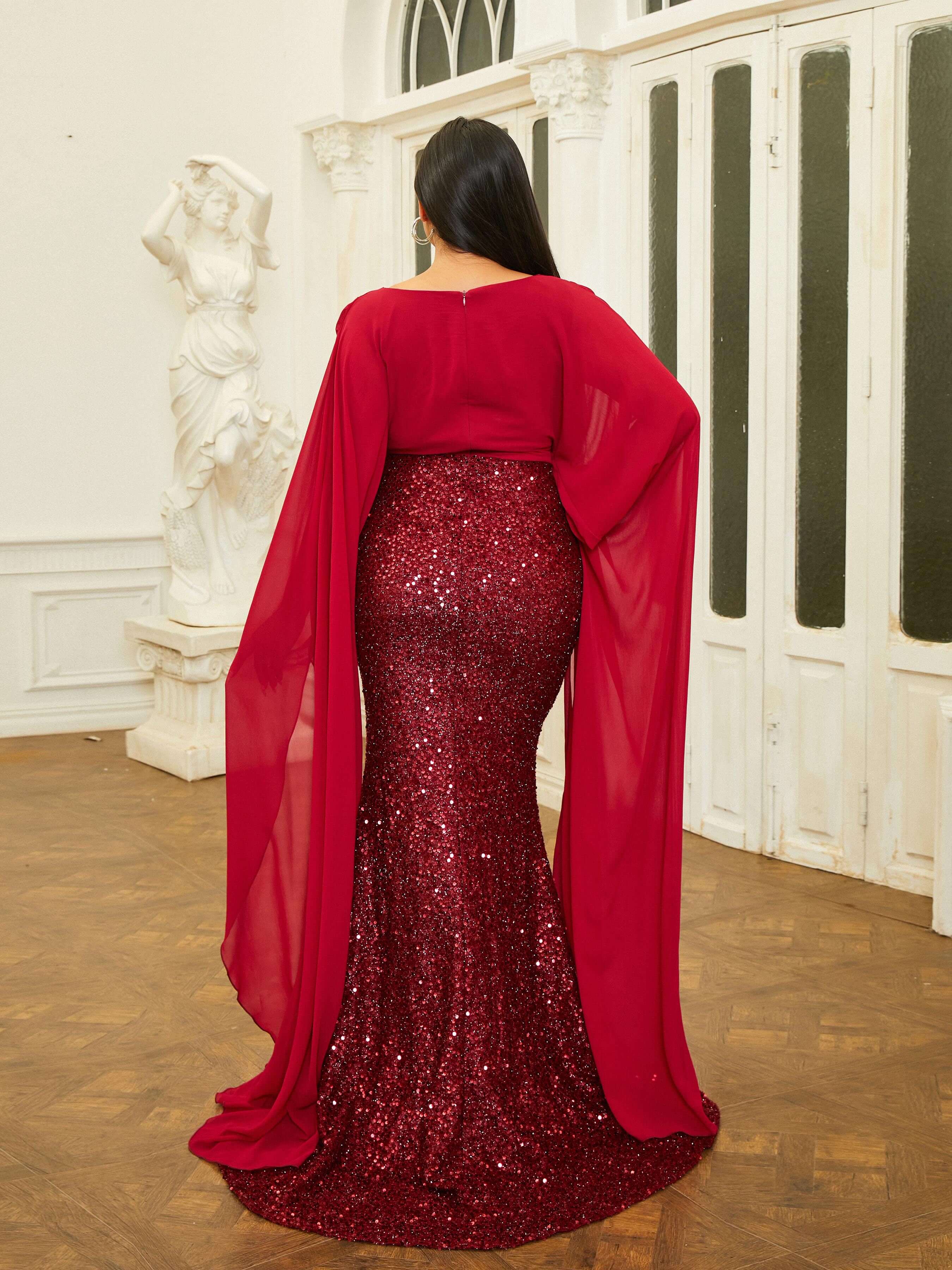 Plus Size Bell Sleeve V-neck High Split Prom Dress PRJ10618