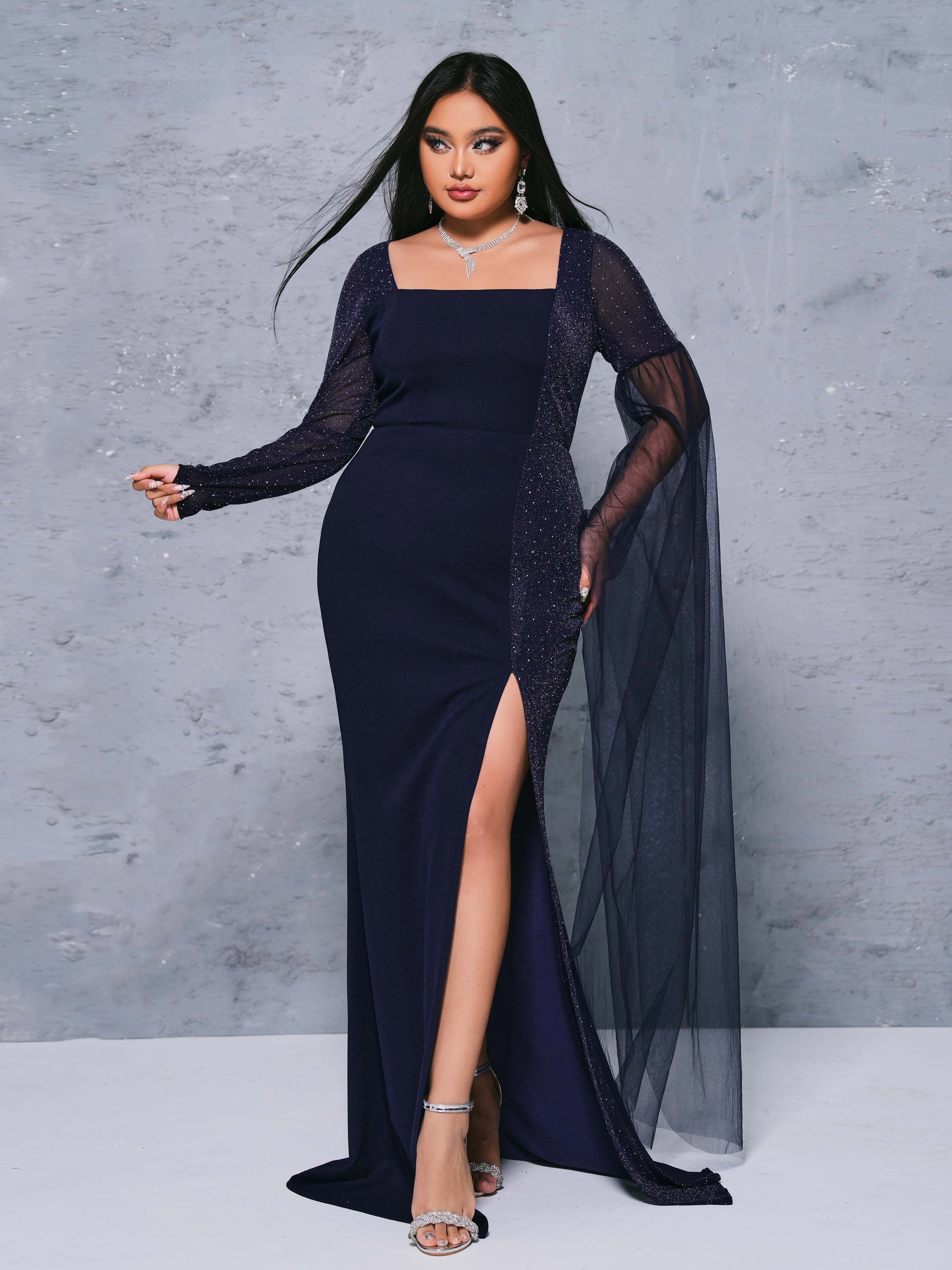 Plus Square Neck Panel High Split Dress PRX70180