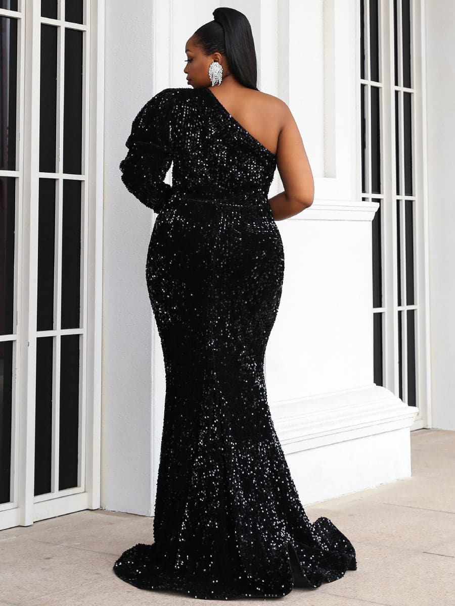 Missord Plus Cut Out Front One Shoulder Sequins Dress P0100