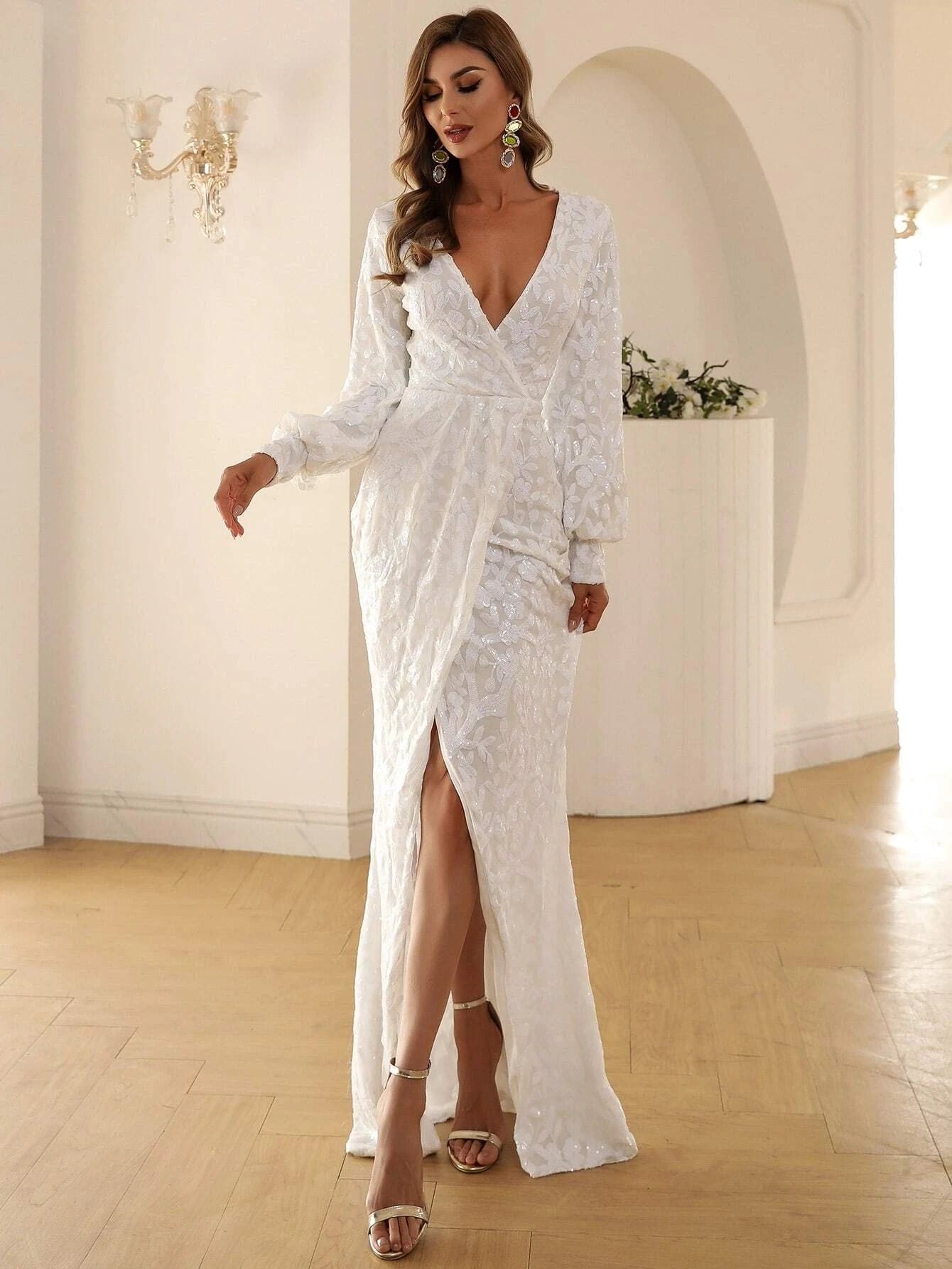 V-neck Split Sequin Wedding Guest Dress M01207