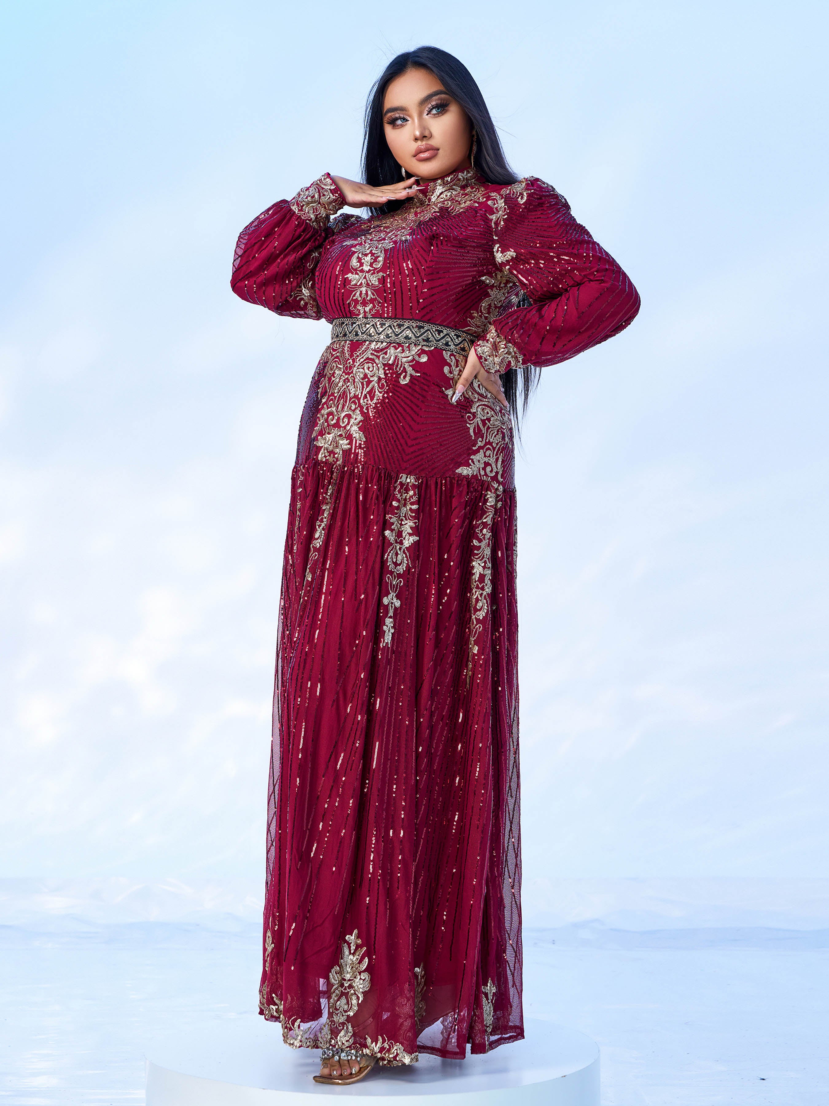 Plus Stand Collar Sequin A-line Dress PMES00341