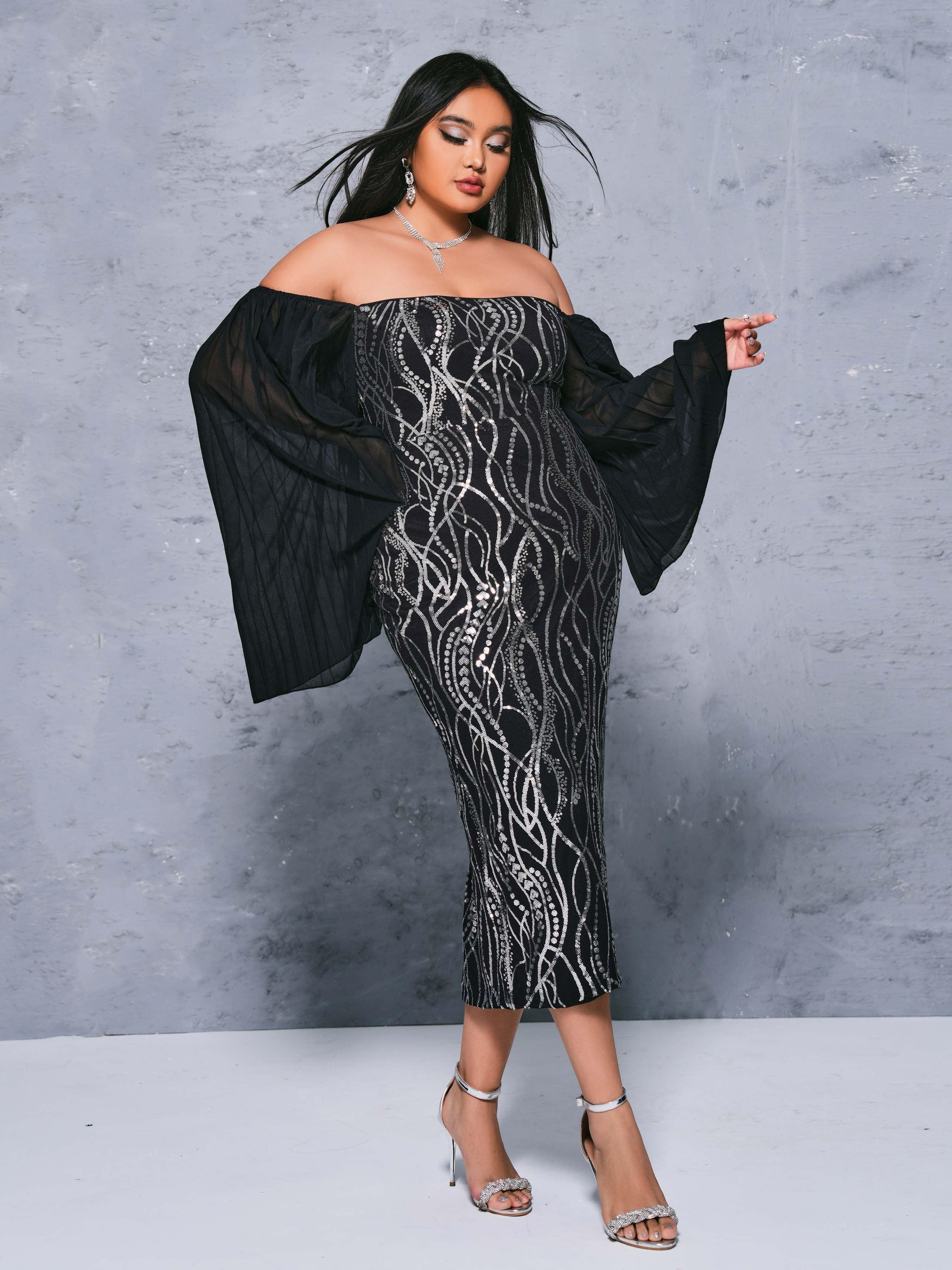 Plus Panel Sleeve Sequin Midi Dress PRH308028