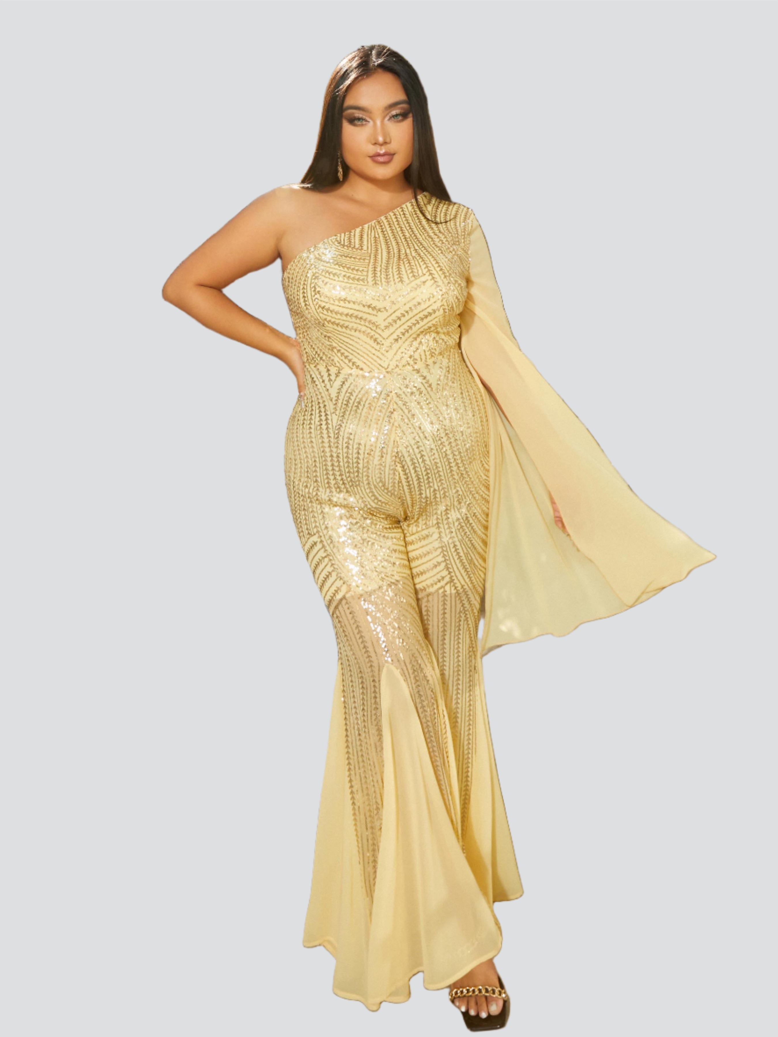 Plus Size Sequin One Shoulder Ruffled Jumpsuits PRX70020