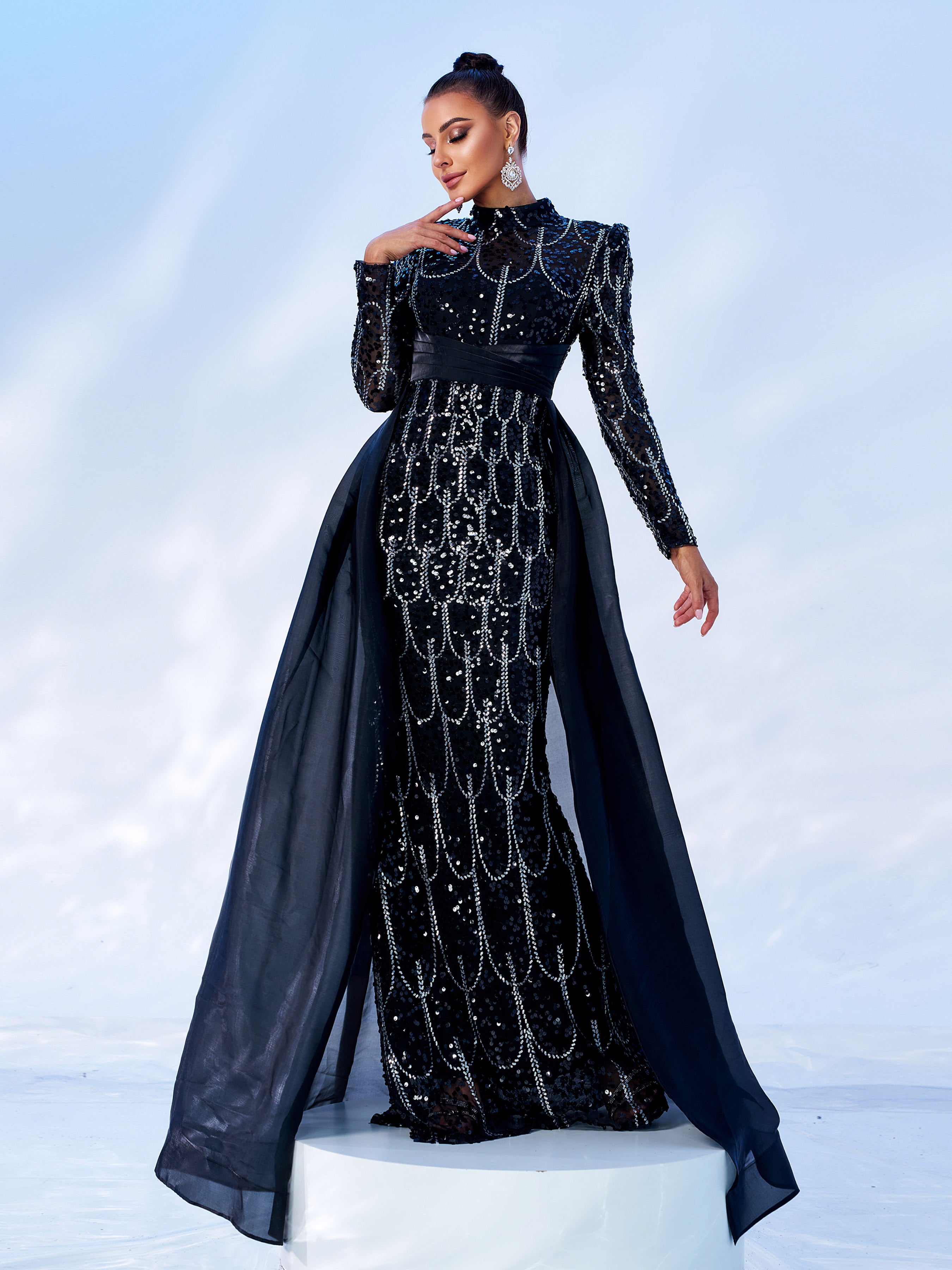 Black Sequin Long Sleeve Cape Evening Dress GM00439