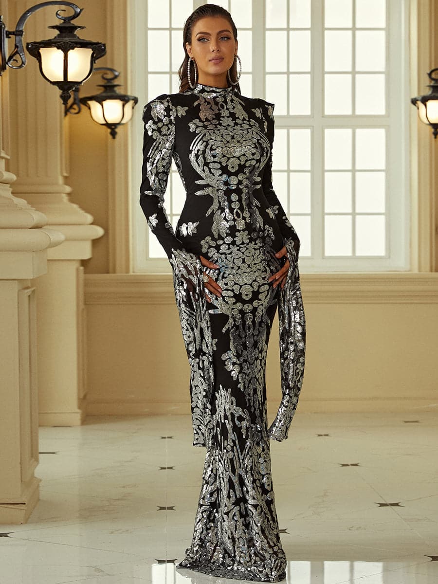 Stand Collar Long Sleeve Mermaid Sequin Prom Dress XJ1262