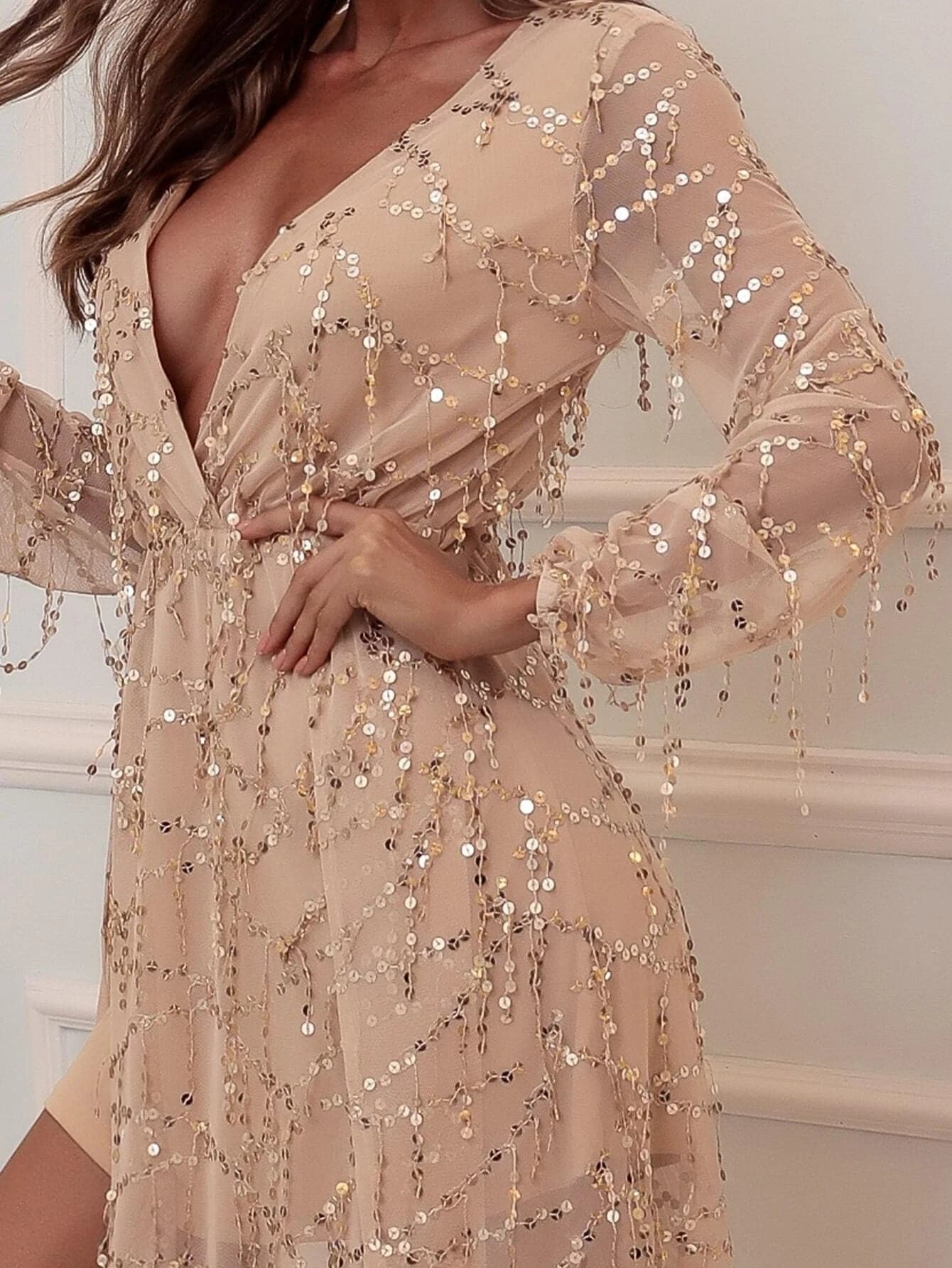 V-neck Wrap Hem Sequin Maxi Dress FT2901