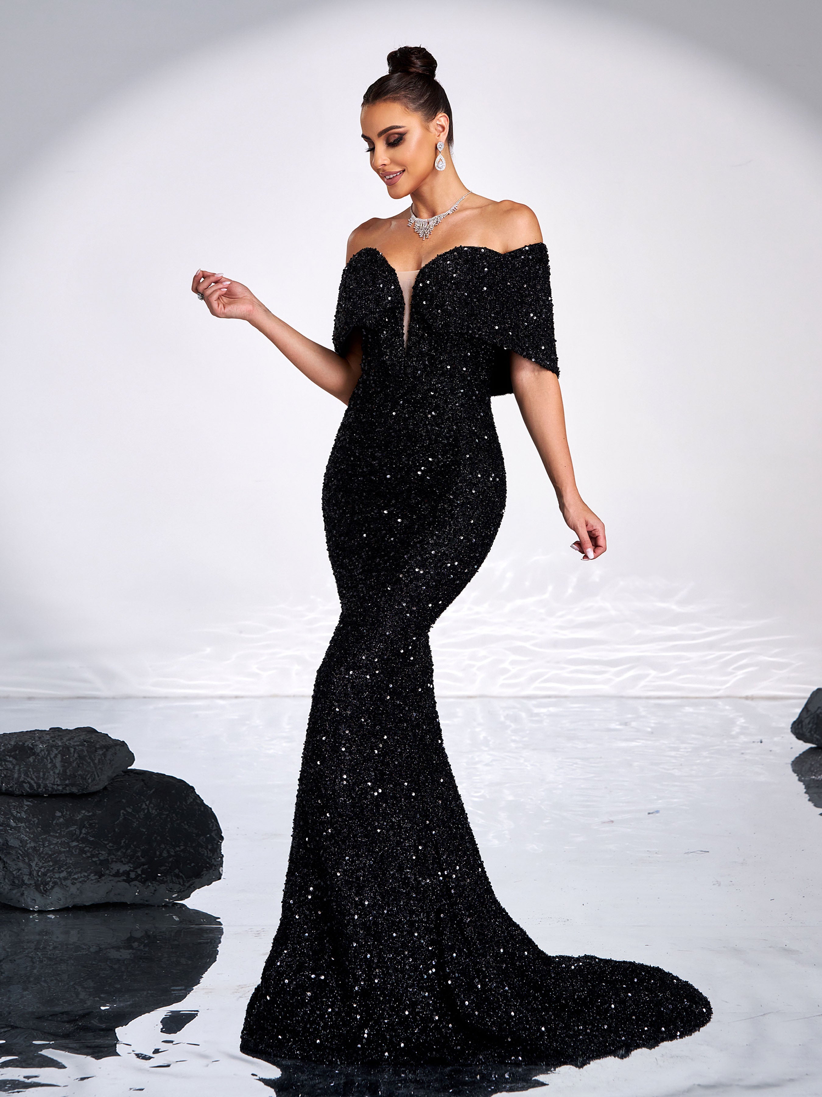 Sexy V-Neck Off Shoulder Sequin Formal Mermaid Dress RJ11992