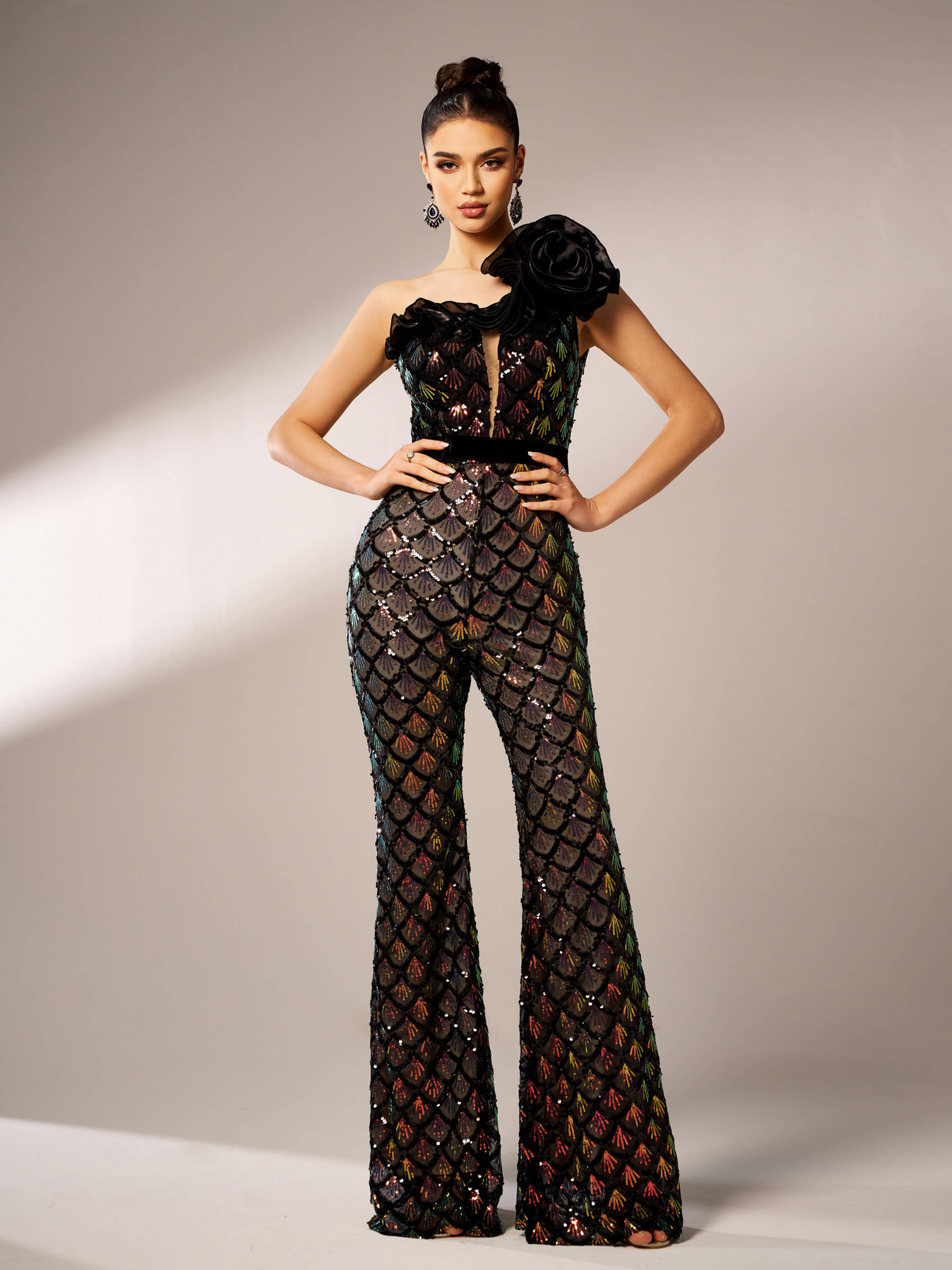 Mermaid Scale Floral One-Shoulder Sequin Jumpsuit DH80223