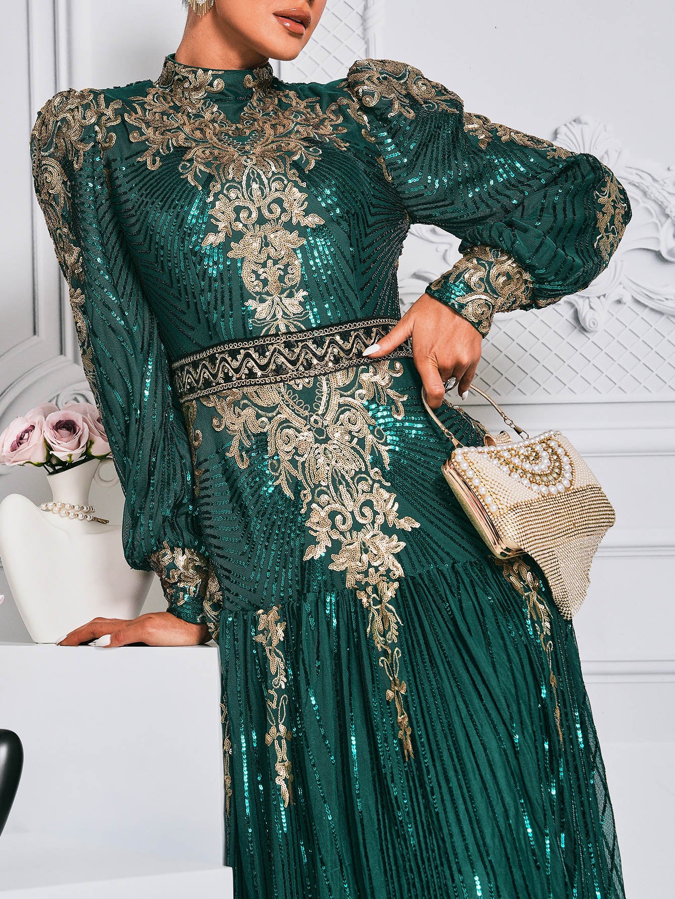 Lantern Sleeve Sequin Maxi Dress MES00341