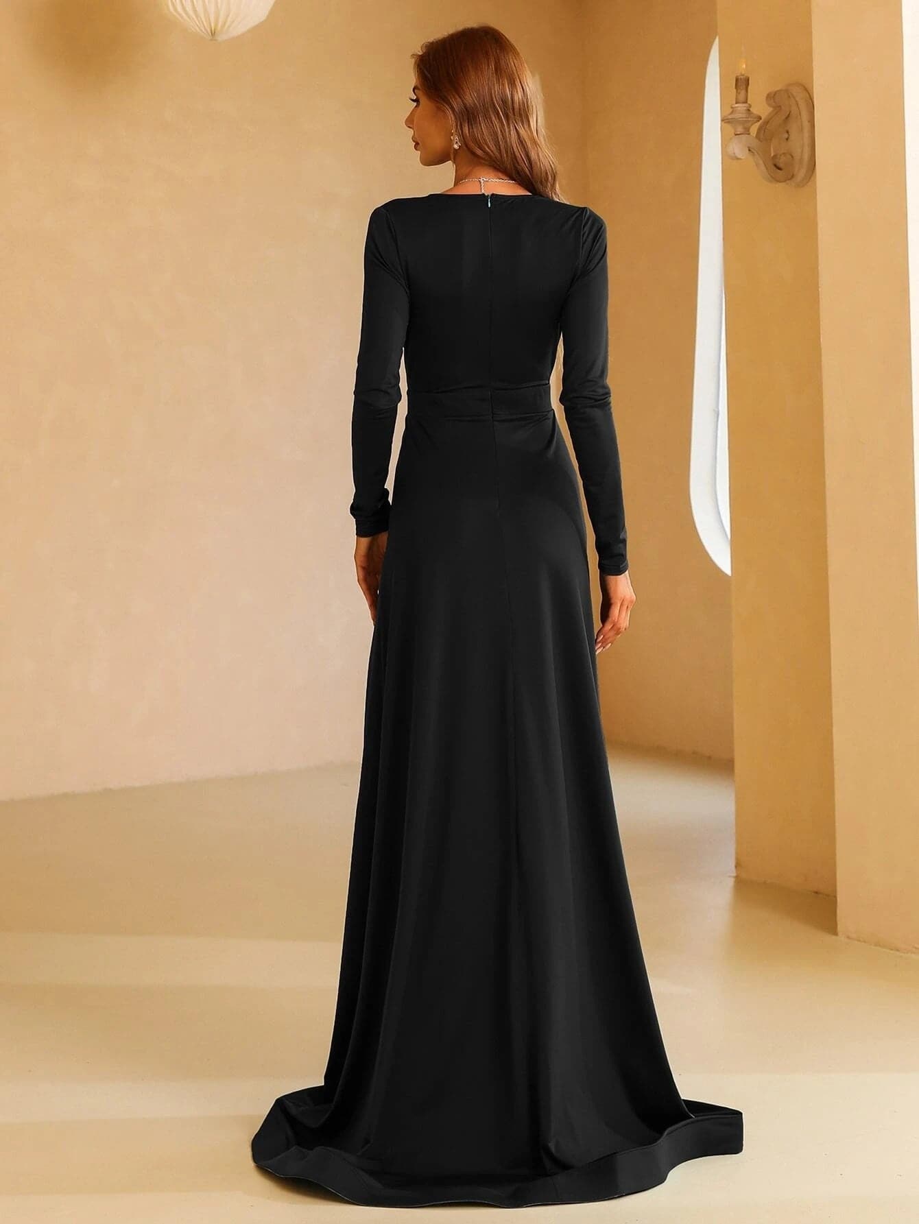V-neck Long Sleeve Split Maxi Dress XH1221