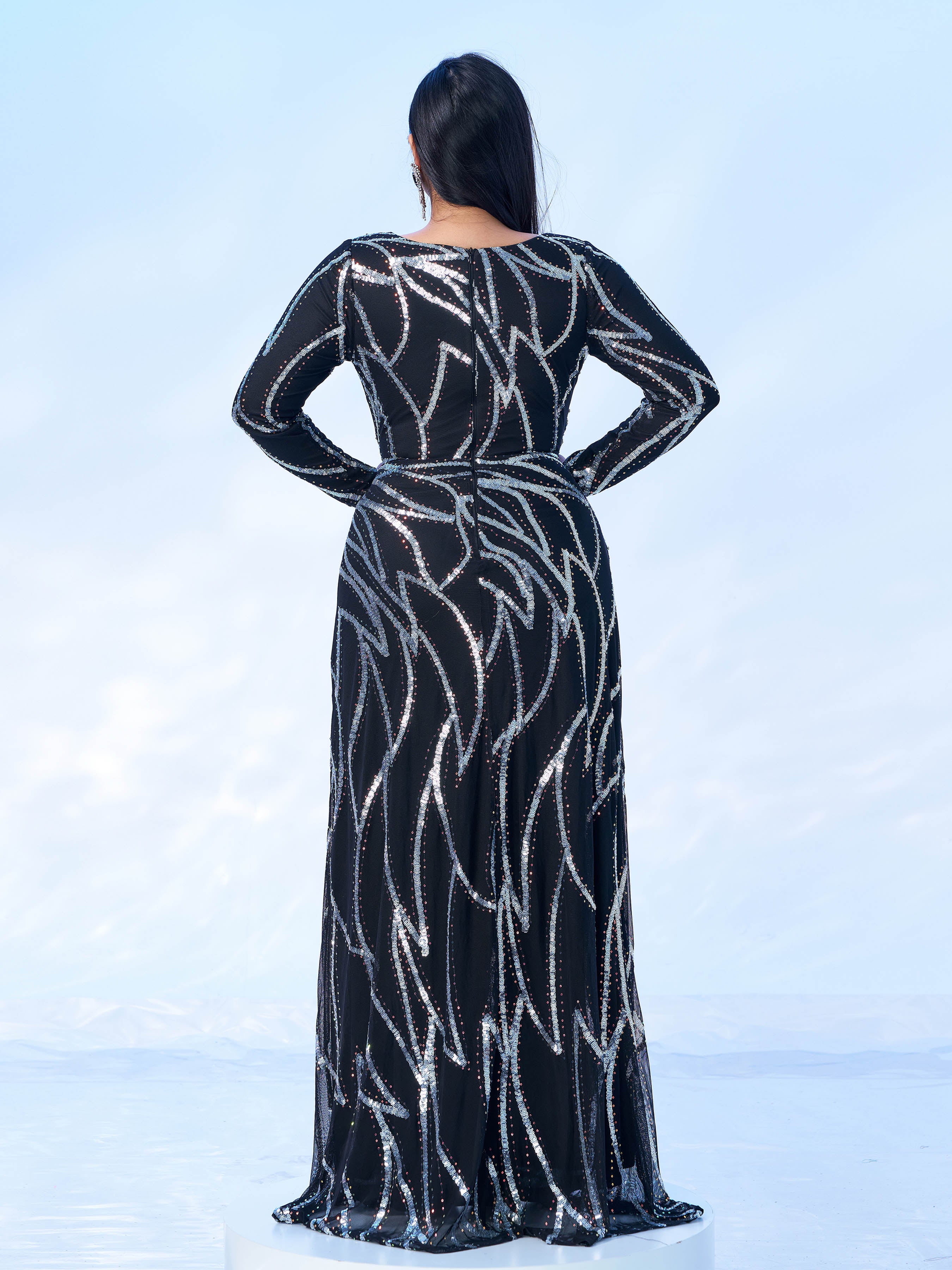 Plus Long Sleeve Sequin A-line Dress PXJ1962