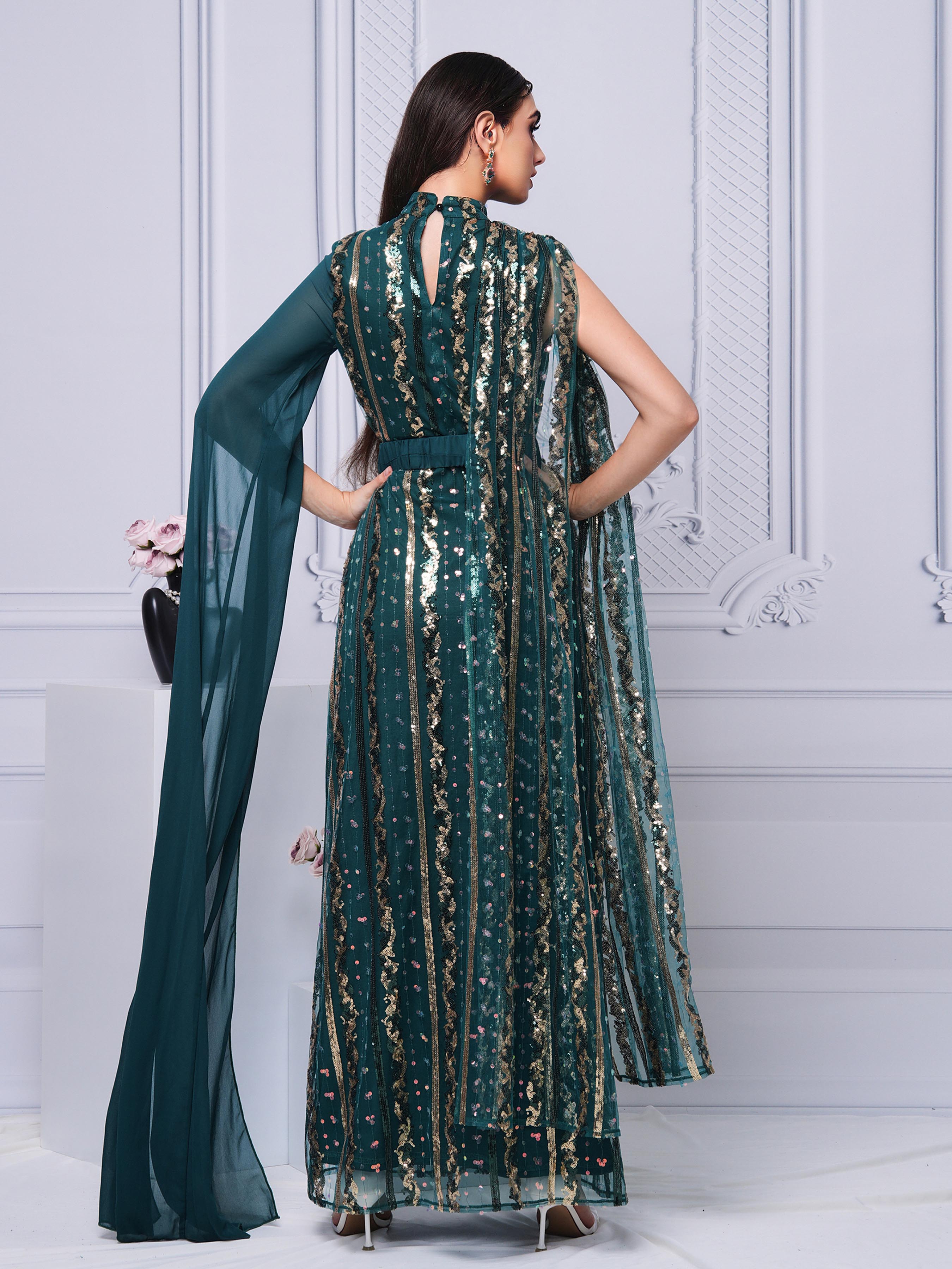 Stand Collar Belt Panel Sequin Dress MES00359