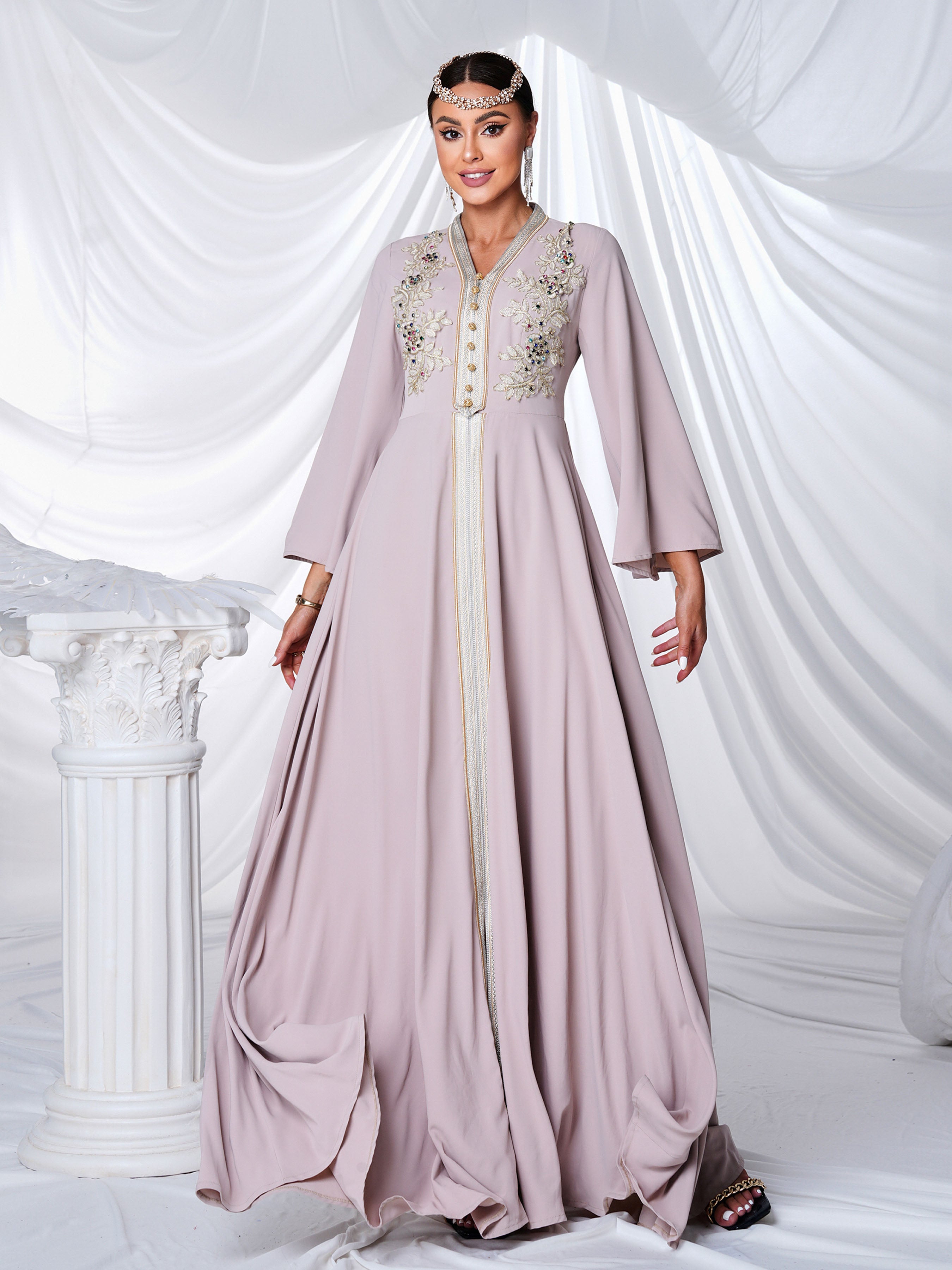 V-neck Flower Embroidery A-line Maxi Dress MES00424