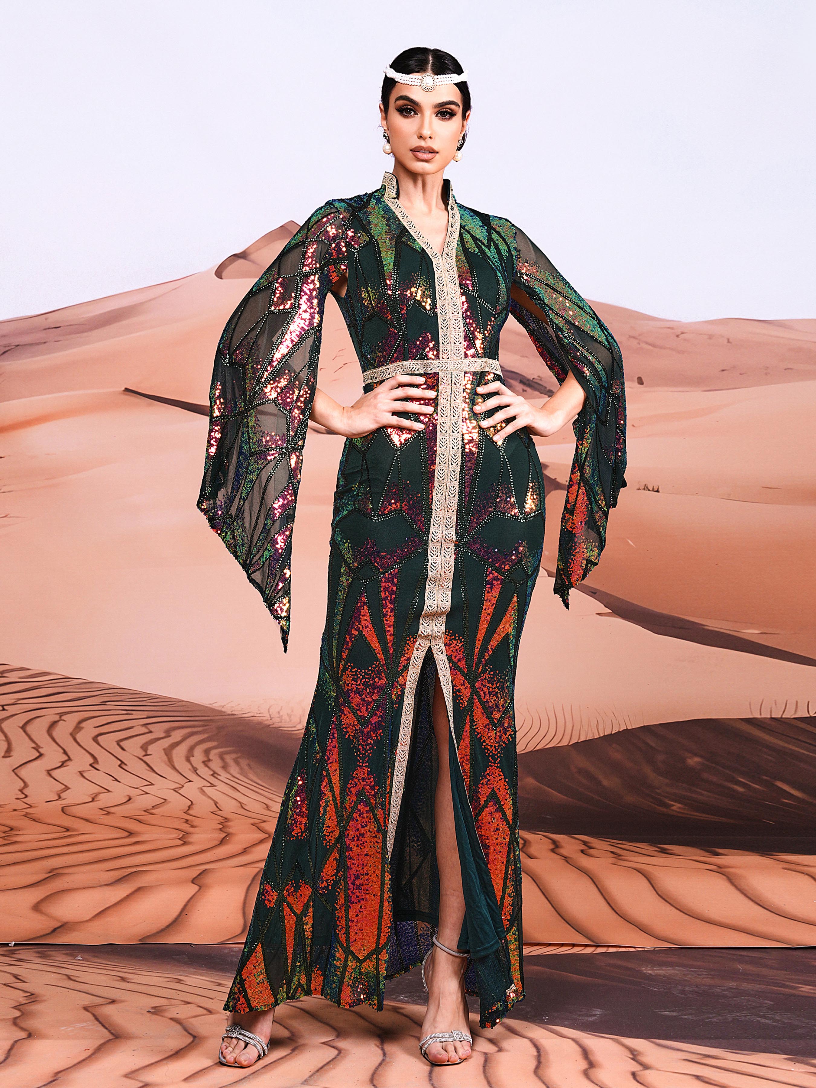 Cape Sleeve Split Sequin Maxi Dress GM00312