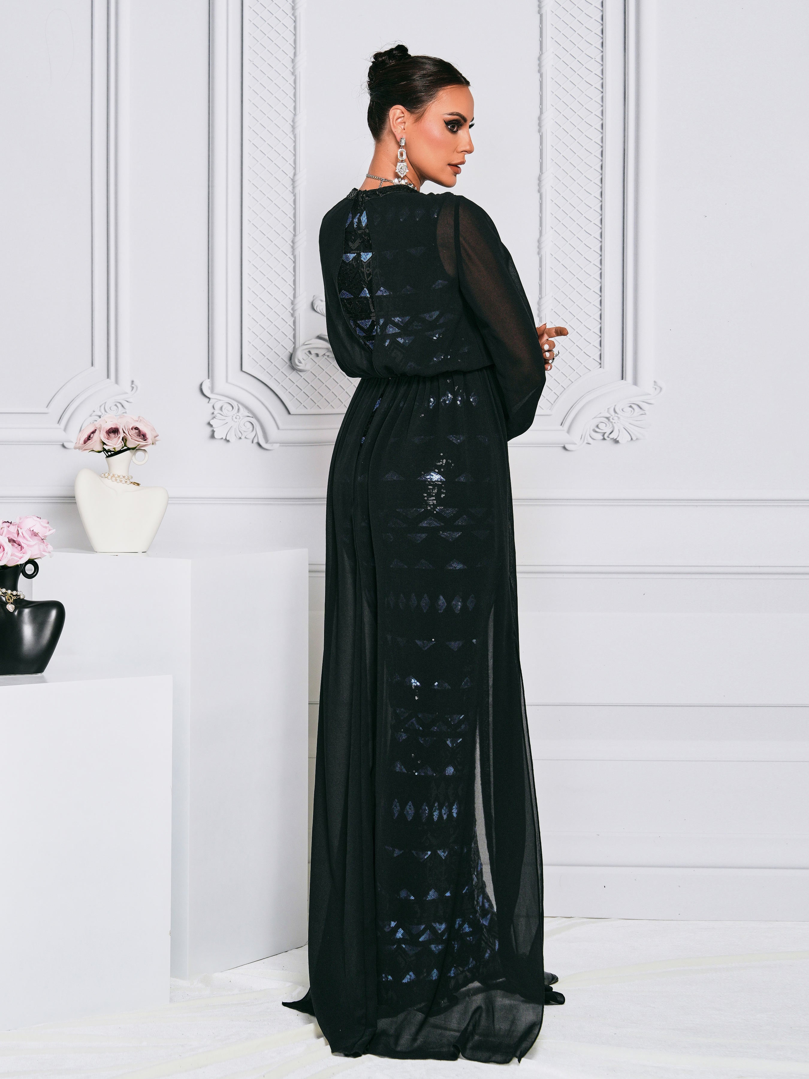 Puff Sleeve Panel Geometric Sequin Dress RJ10532