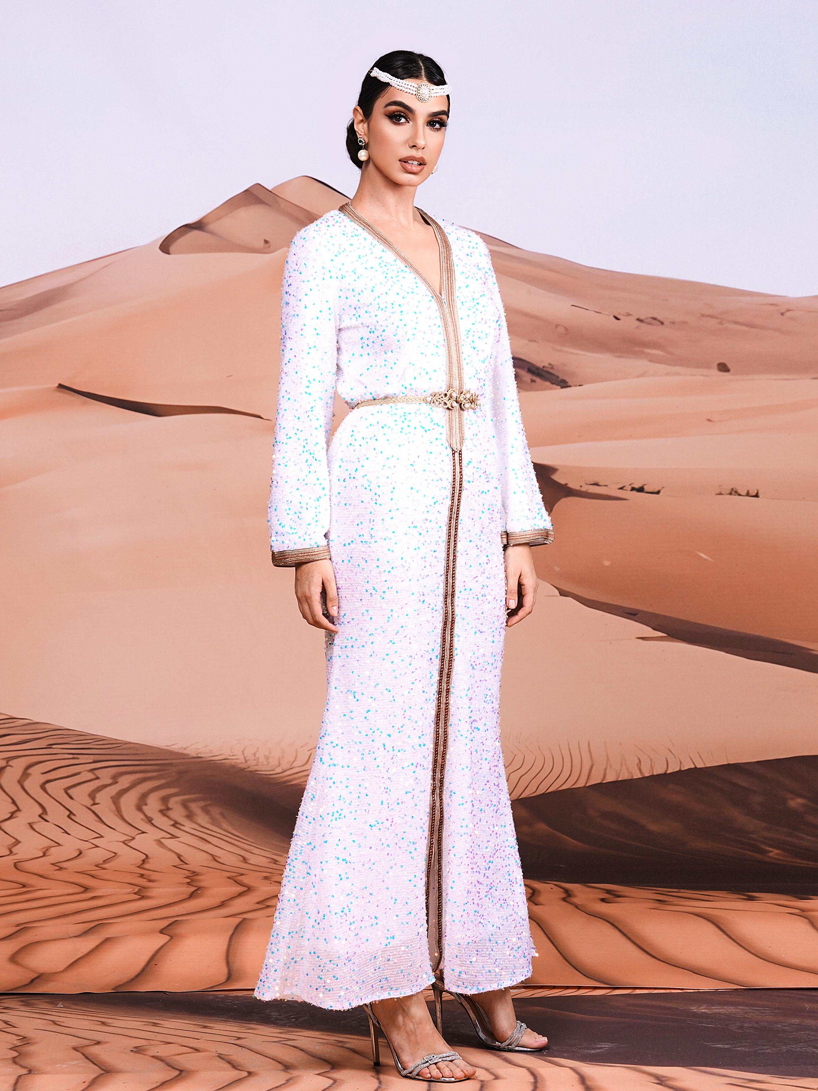 V-neck White Sequin Muslim Dress MES00395