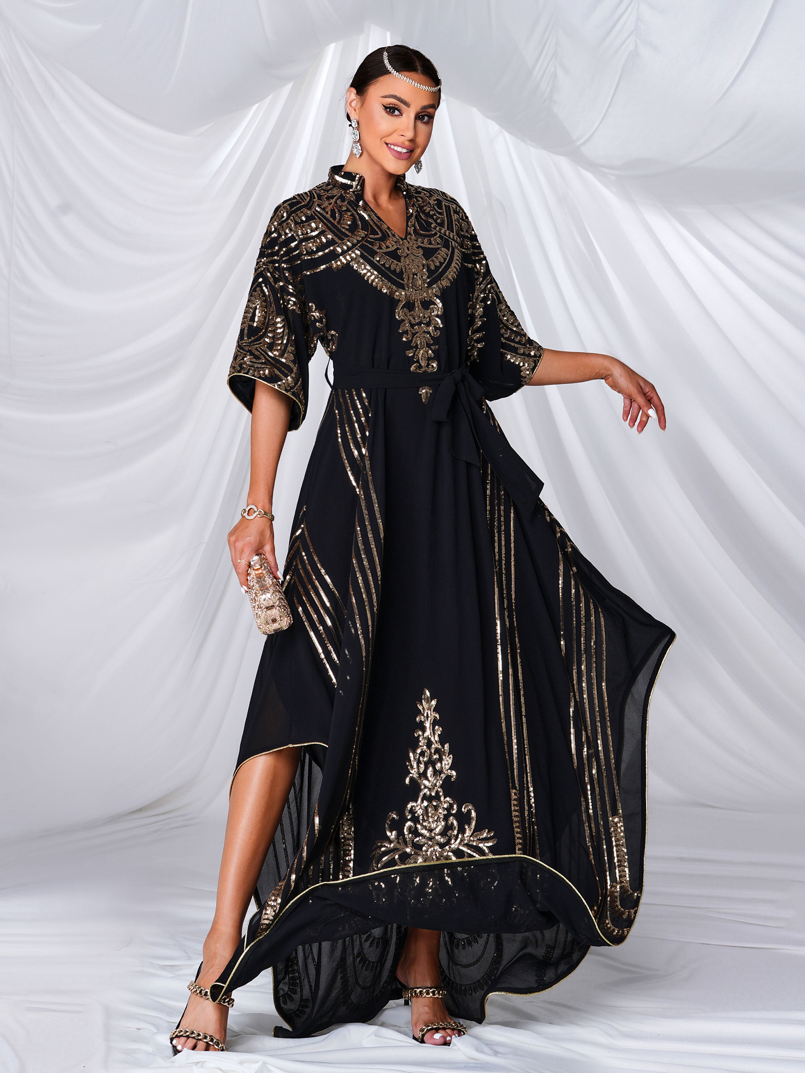 Sequin Panel Mesh Asymmetric Hem Dress MES00449