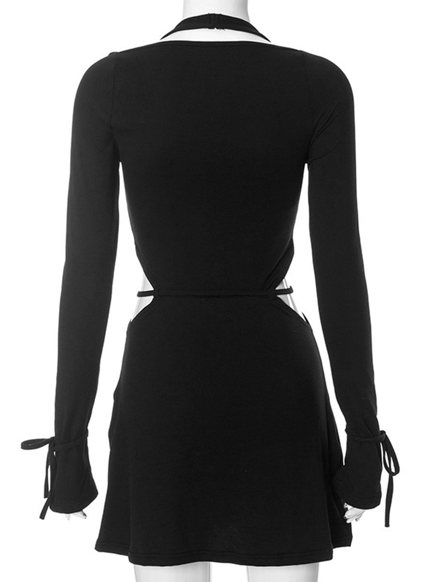 Cutout Halter Long Sleeve Black Mini Dress MCW1215