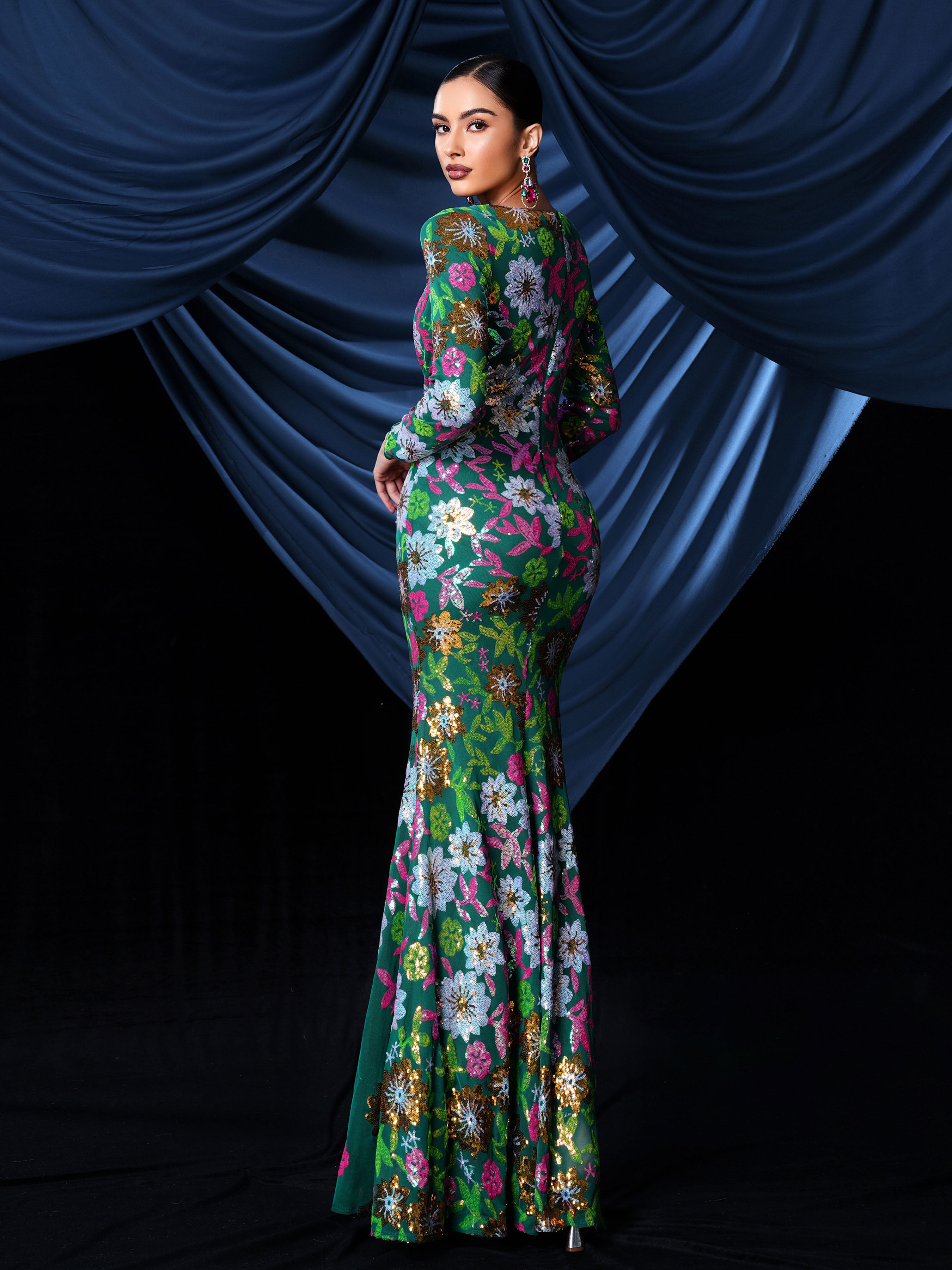 Crew Neck Floral Sequin Dress RJ10987