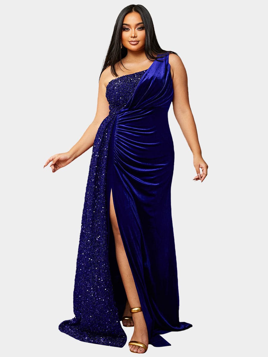 Plus Size One Shoulder Draped Sequin Burgundy Prom Dress PXH2356