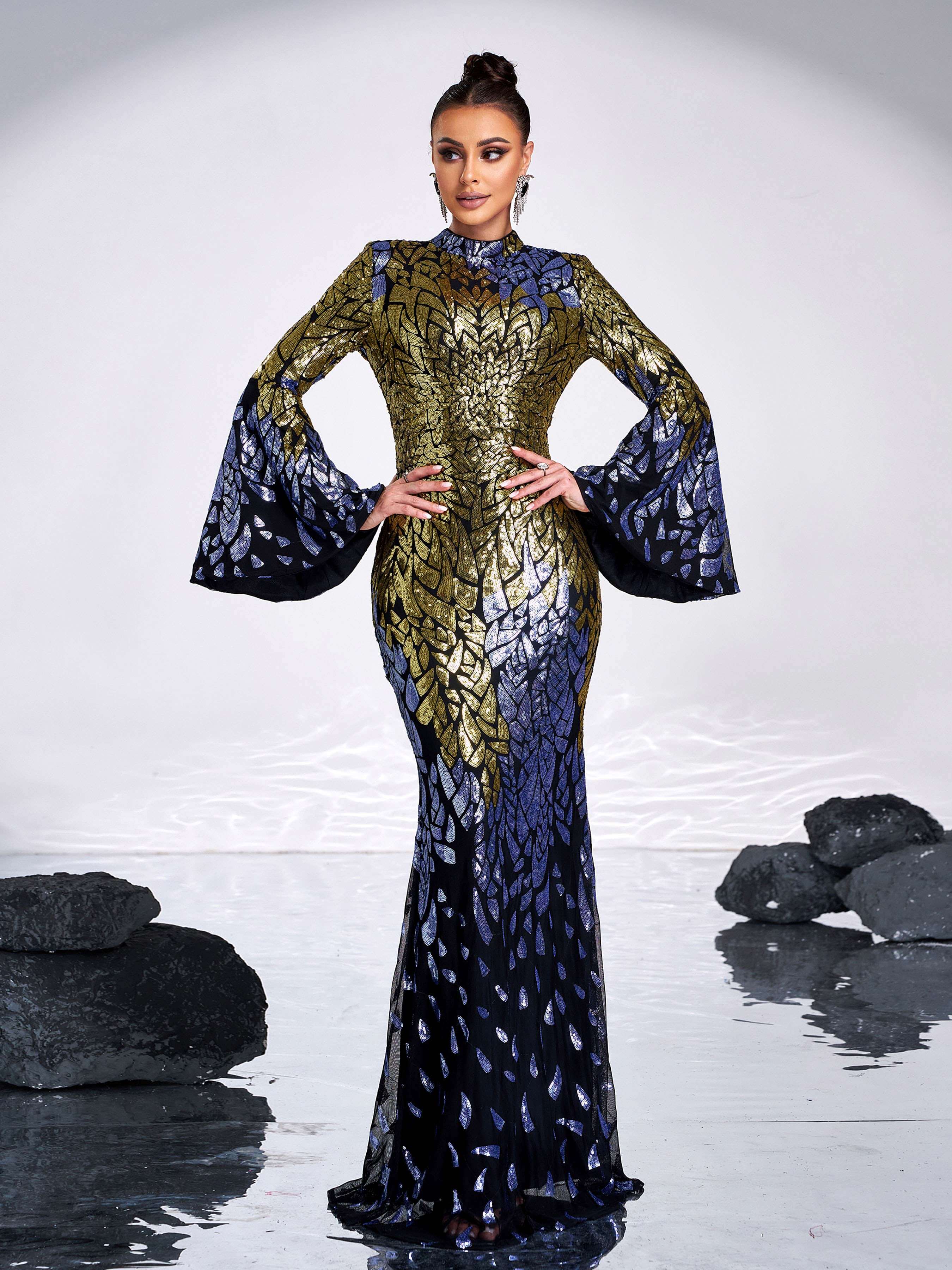 Backless Bell Sleeve Sequin Formal Dress XH2425