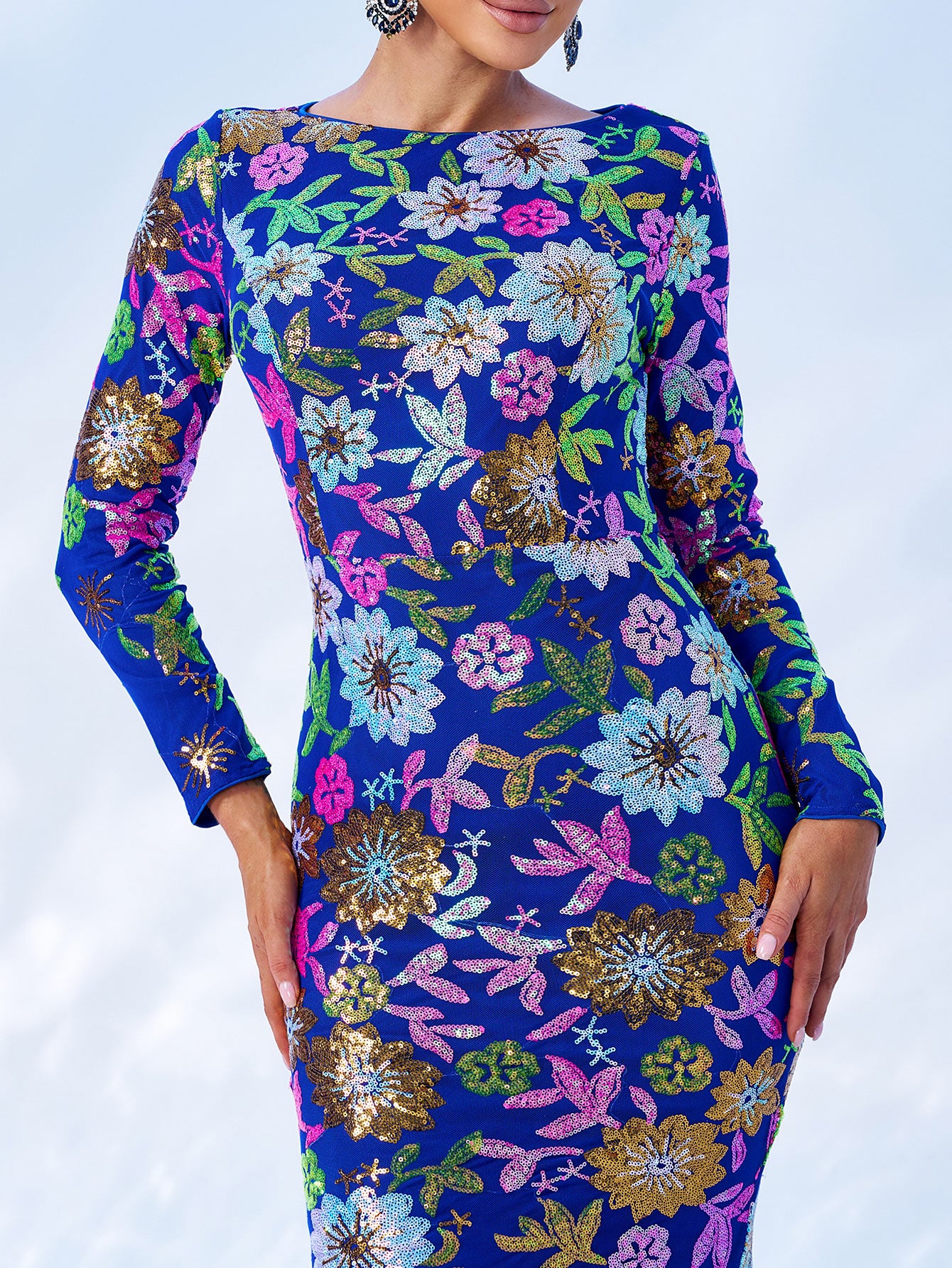 Crew Neck Floral Sequin Dress RJ10987