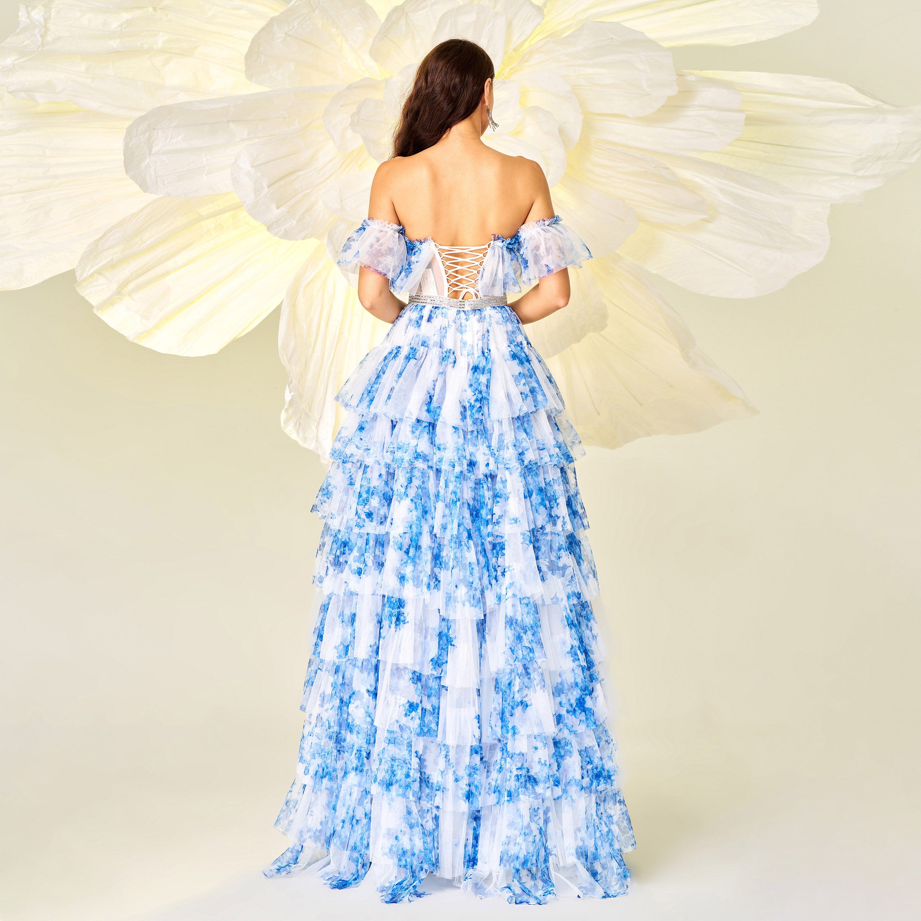 Blue Corset Mesh A-line Backless Evening Dress DH80071