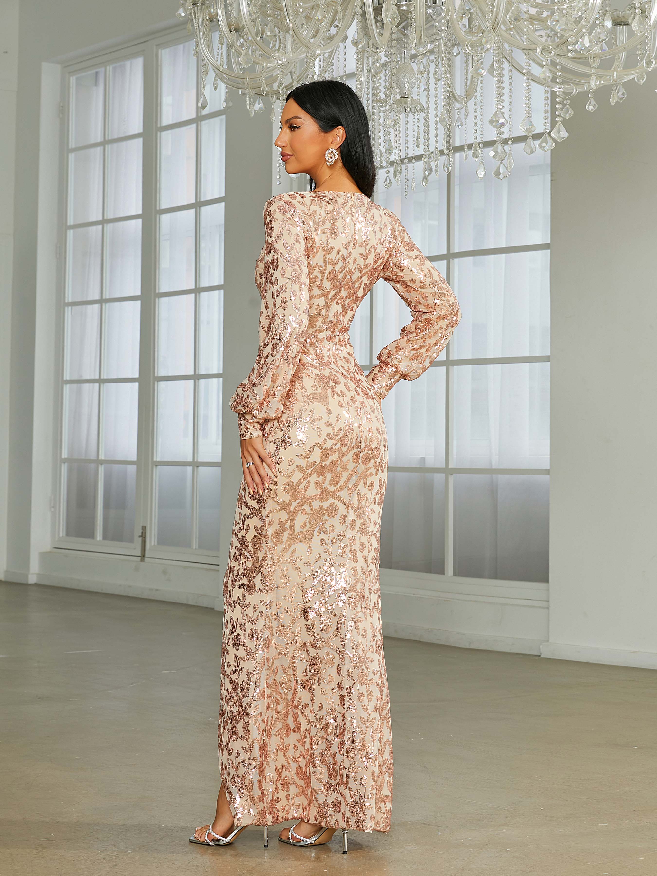 V-neck Split Sequin Wedding Guest Dress M01207