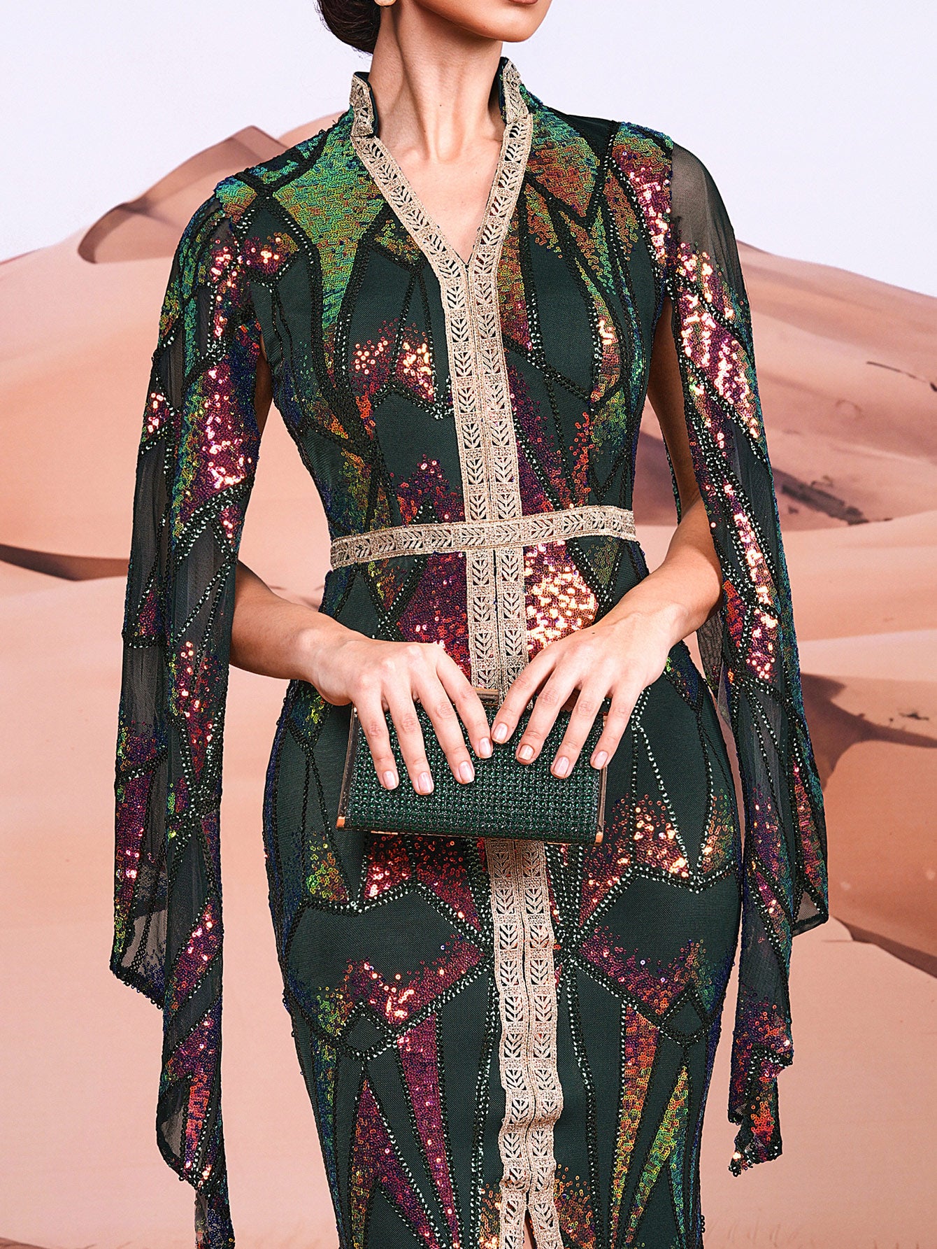 Cape Sleeve Split Sequin Maxi Dress GM00312