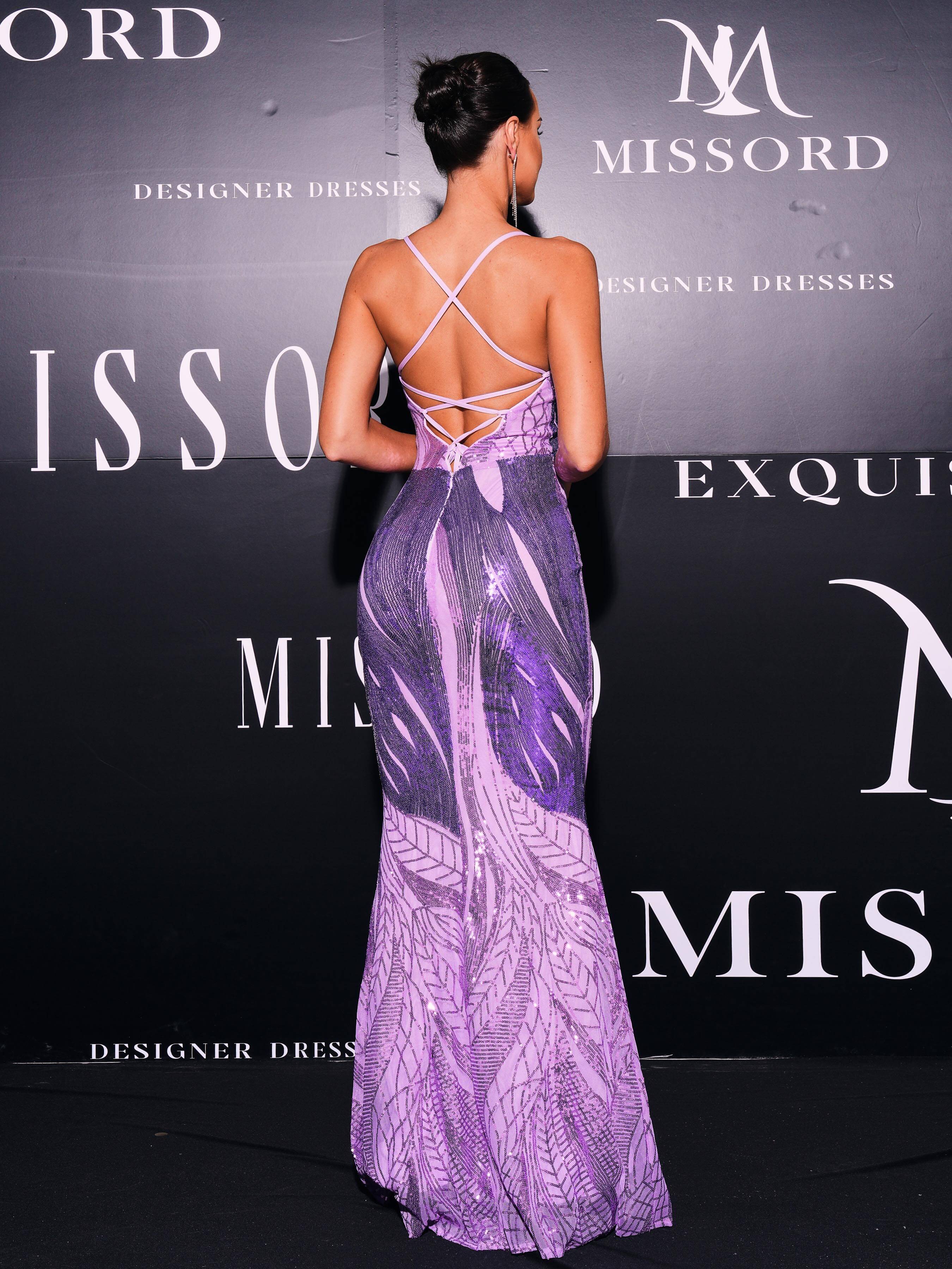 Formal Lace Up Purple Sequin Mermaid Dress XJ2274