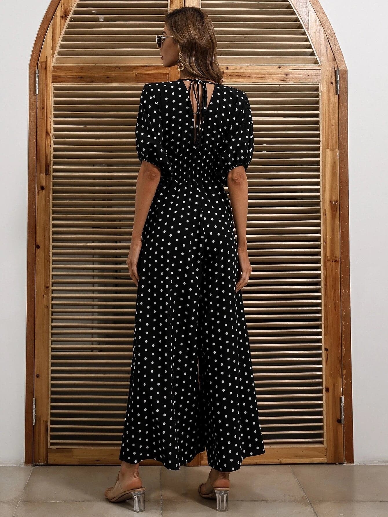 Polka Dot Shirred Waist Jumpsuits M01178